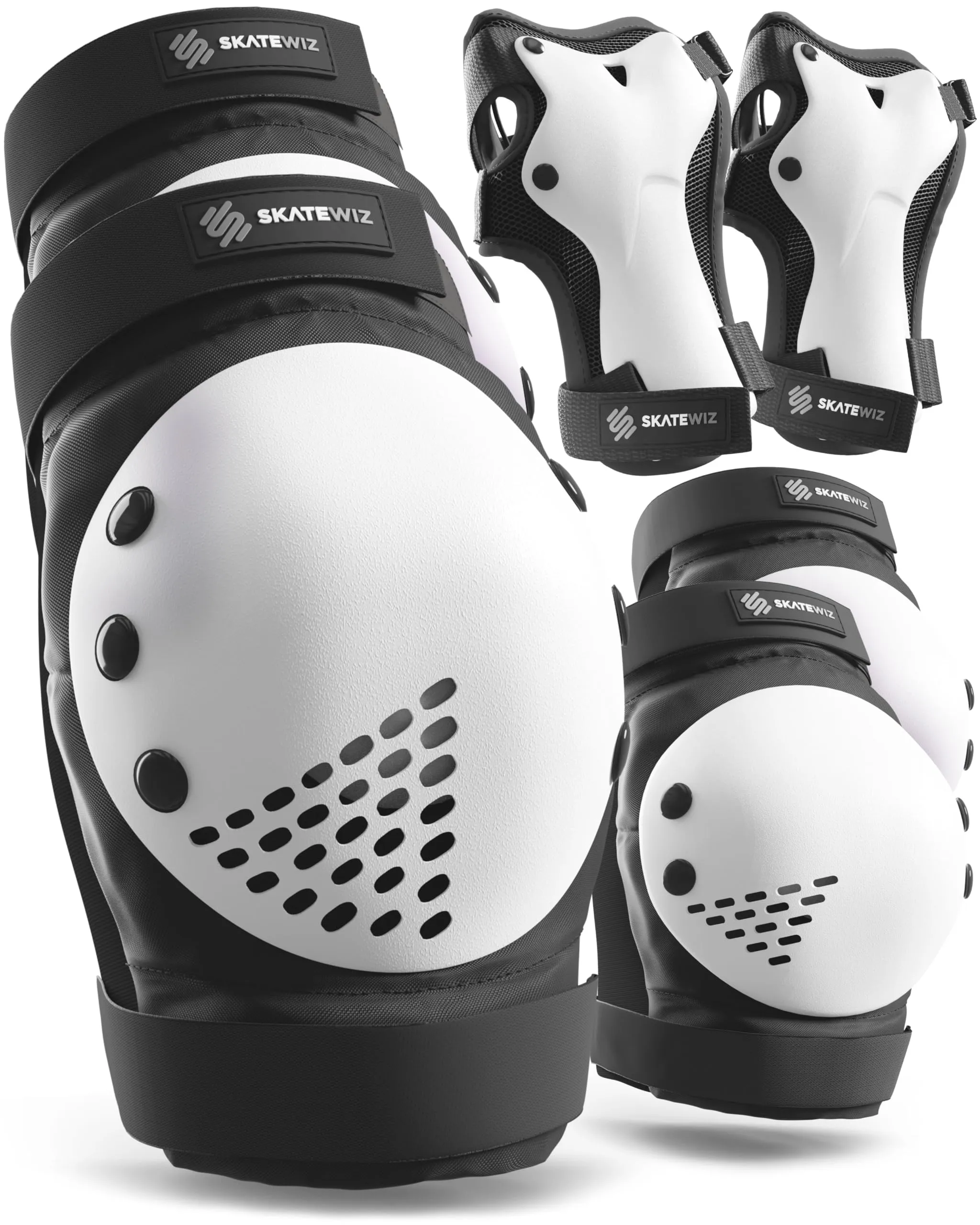 SKATEWIZ Ginocchiere Bambini - Protezioni Pattini Bambina - Protezioni Skateboard Bambino Ginocchiere Bici Bambino - Ginocchiere Bambina - SMASH Taglia M/L Nero Bianco