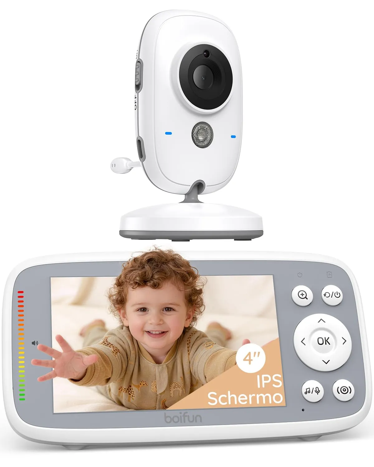 BOIFUN Baby Monitor, Videocamera Neonati Schermo da 4 '', 2000mAh Batteria Ricaricabile, VOX Rilevamento Del Suono, Rilevazione della temperatura e dell'umidità, Visione Notturna, Supporto Ninne Nanne