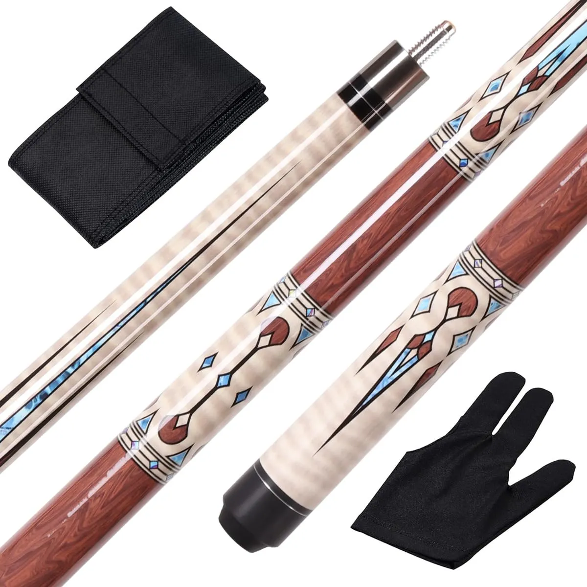 Teekerwang 1/2 Pool Cue Stick - 58 inch Maple Billiard Pool Stick, Maple Pool Cue Stick Kit, 2-Piece Billiard Pool Cue Stick Set(with Cue Bag & Glove) (Claret)