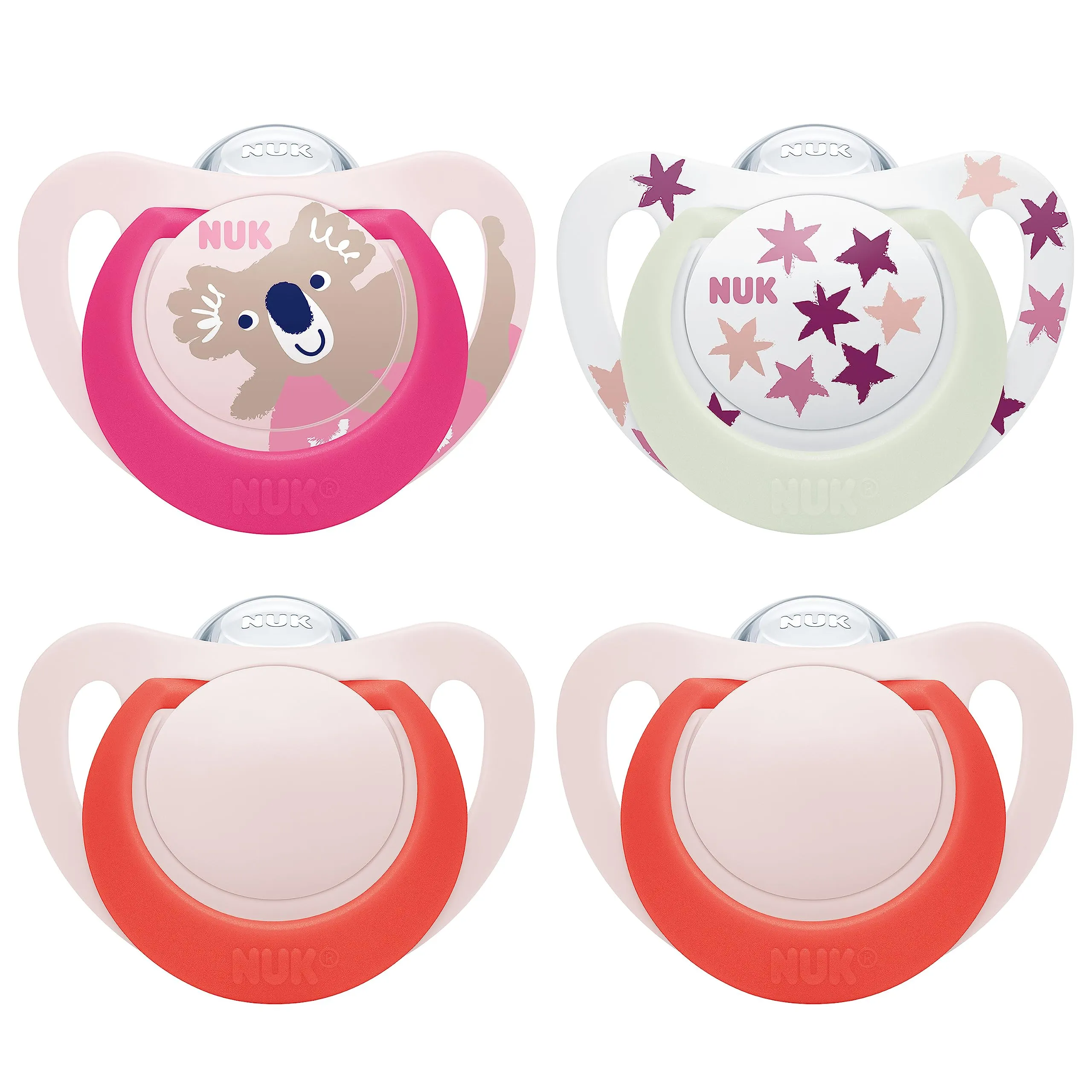 NUK Star Day & Night ciuccio | 18-36 mesi | Calma il 99% dei bambini | Succhietti in silicone senza BPA | Glow-In-The-Dark per trovarli la notte | Koala | 4 pezzi