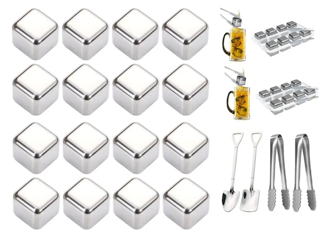 Anlising Cubetti di Ghiaccio in Acciaio Inox Riutilizzabili 16 Pezzi con Clips e Cucchiaio per Raffreddare Vodka, Vino, Cocktail