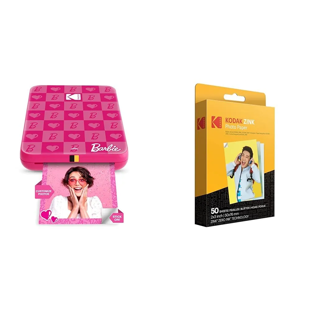 KODAK Barbie x Step Slim Stampante fotografica portatile istantanea wireless + carta fotografica premium 2"x3" 50 fogli, Barbie Iconic, Confezione da 50