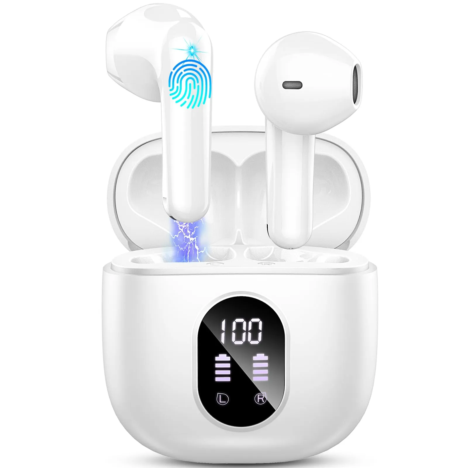 Cuffie Bluetooth, Auricolari Bluetooth 5.4 Cuffie Wireless In Ear con 4 ENC Mic Stereo, Cuffie Senza Fili Cancellazione Rumore Cuffiette Bluetooth IP7 Impermeabili Earbud 50H LED Display Bianco (2024)