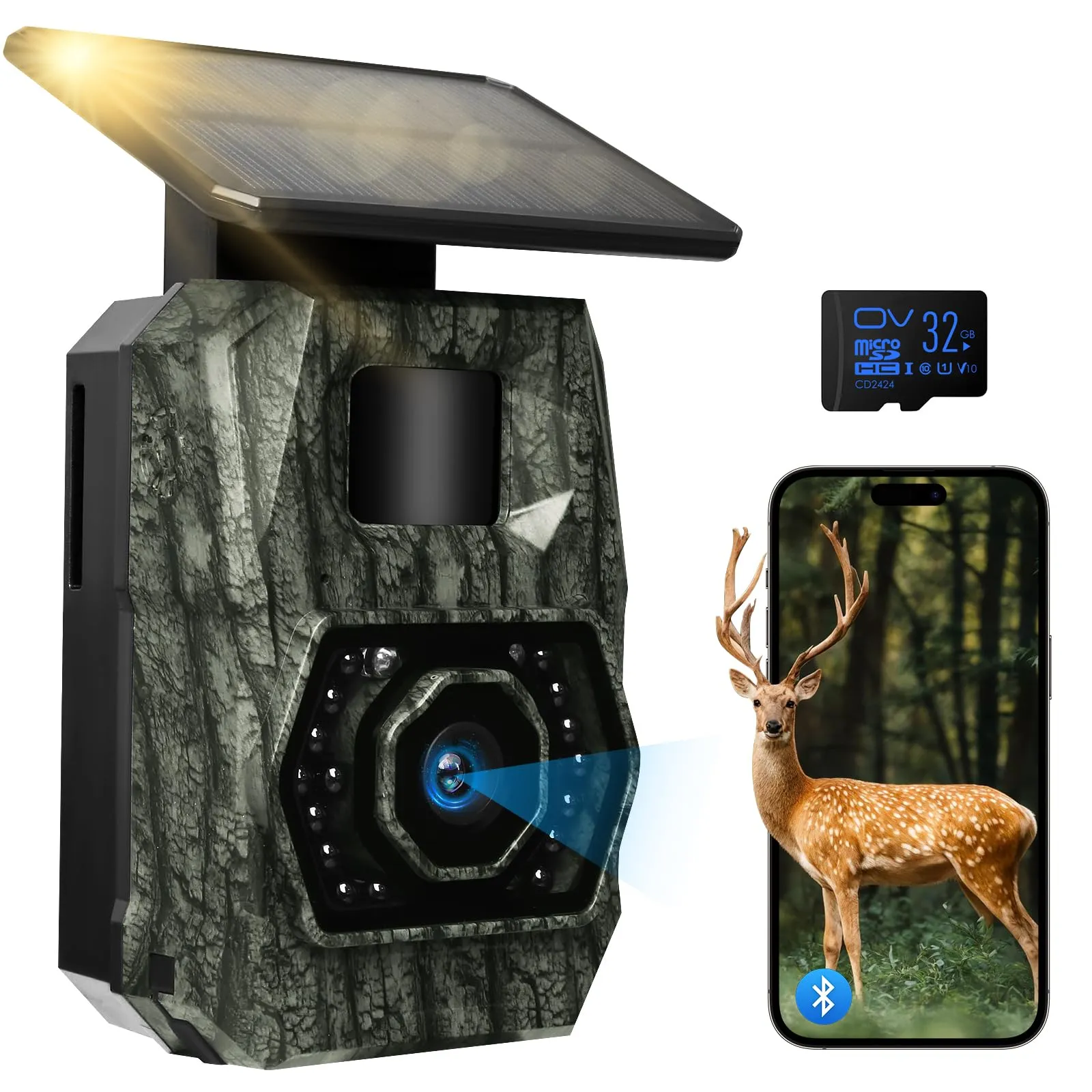 Fototrappola Notturna Fototrappola con Pannello Solare, Wifi Bluetooth Fototrappole con Batteria Ricaricabile da 5200mAh, 48MP Foto Trappola per Animali & Videosorveglianza IP66 Impermeabile, 0.1s