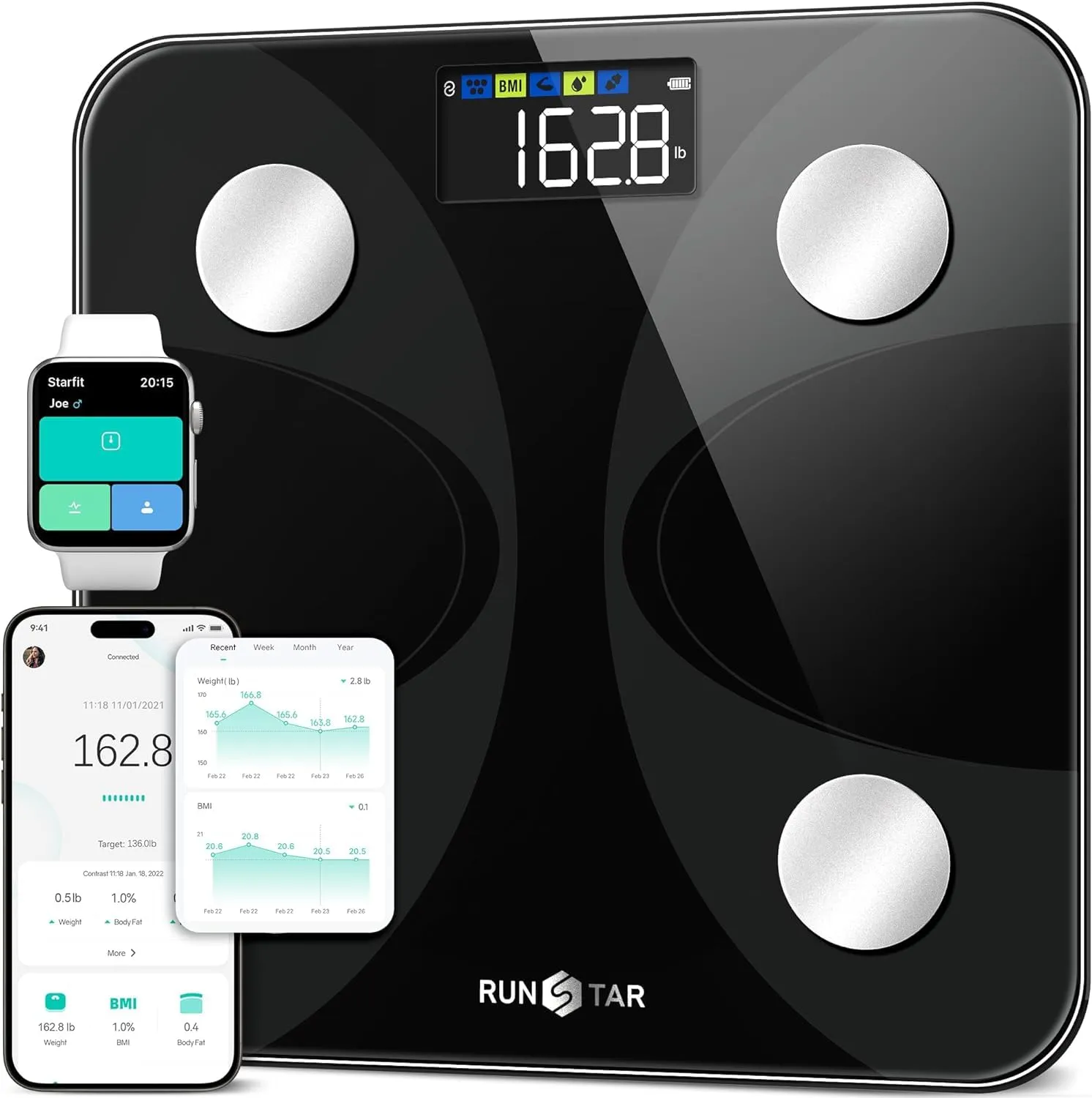 Bilancia Pesapersone e Percentuale Grasso, RunSTAR Bilancia Smart Digitale e Precisa con Ampio Display, Idonea FSA HAS, Analizzatore di 13 Dati di Composizione Corporea, Sync App