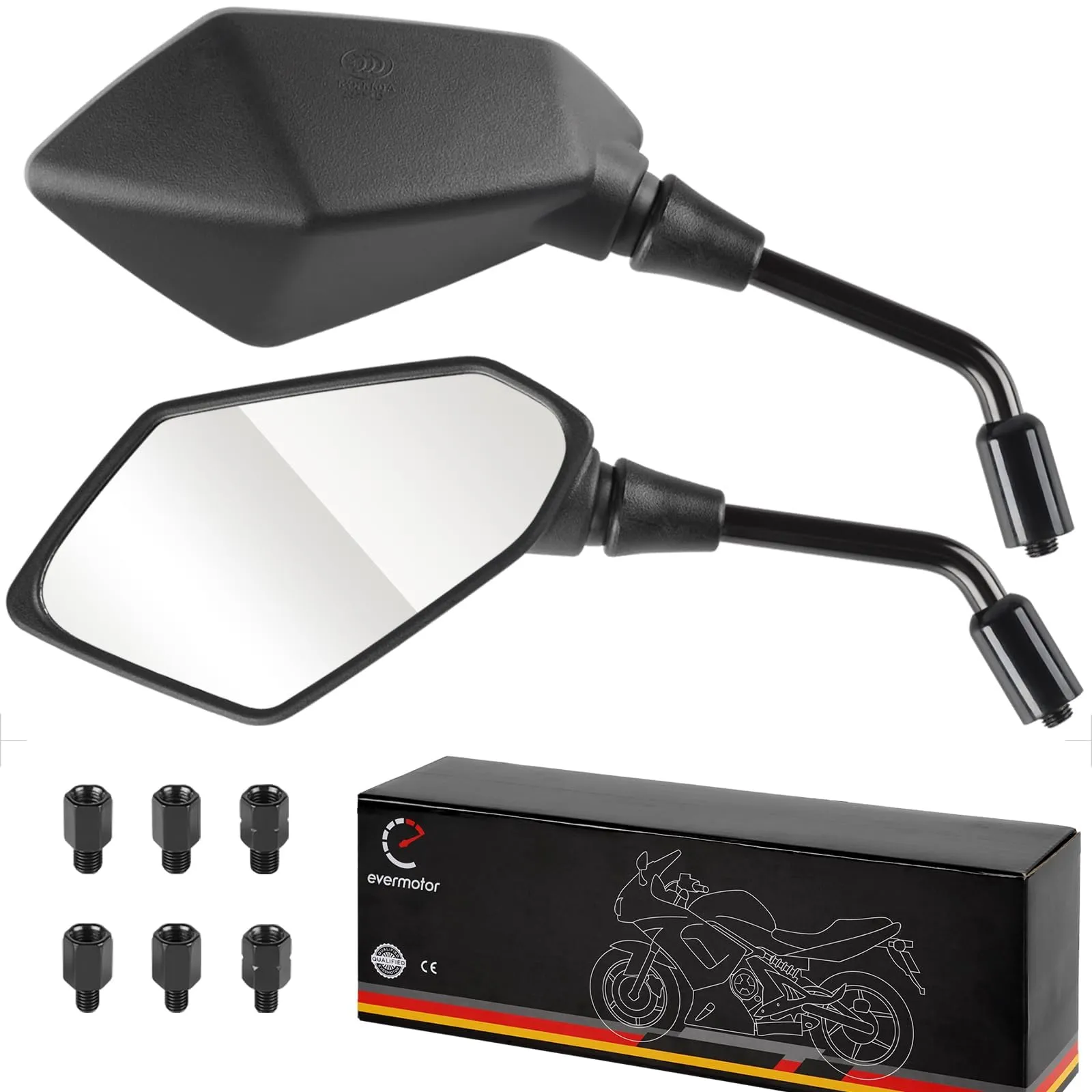 Evermotor Universal Moto Specchietto Retrovisore, E11 Omologati Specchietti 2x filettatura destrorsa M10, 2x filettatura destrorsa M8 + 1x filettatura sinistra M10, 1x filettatura sinistra M8, Nero