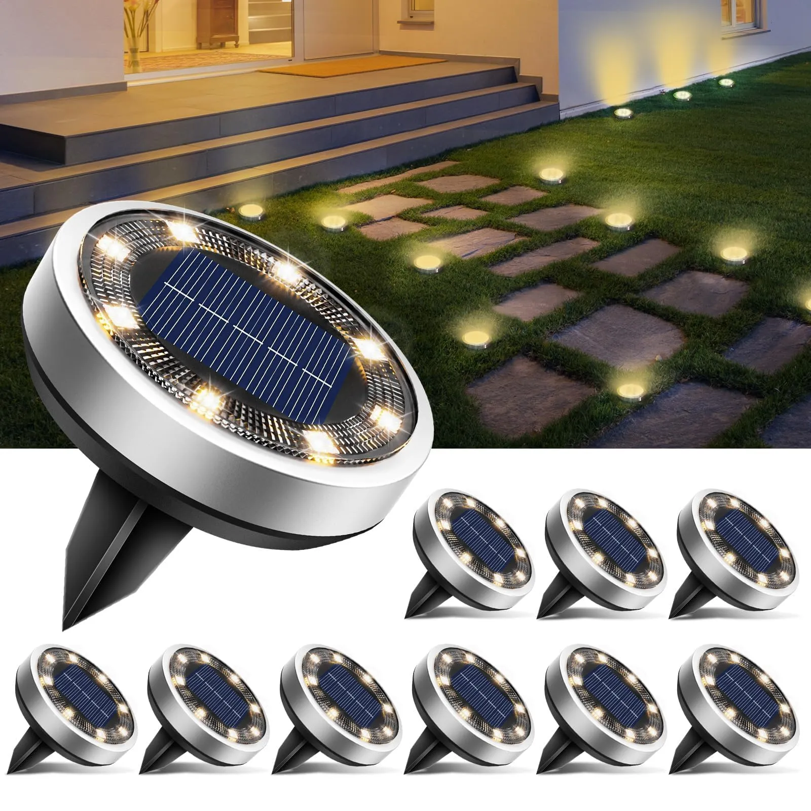 btfarm 10 Pezzi Luci Solari da Giardino, 8 LED Faretti Sepolta Solari a Led da Esterno, Lampade Solare da Terra IP65 Impermeabile per Cortile Prato Vialetto Scala Strade Paesaggio, Bianco Caldo