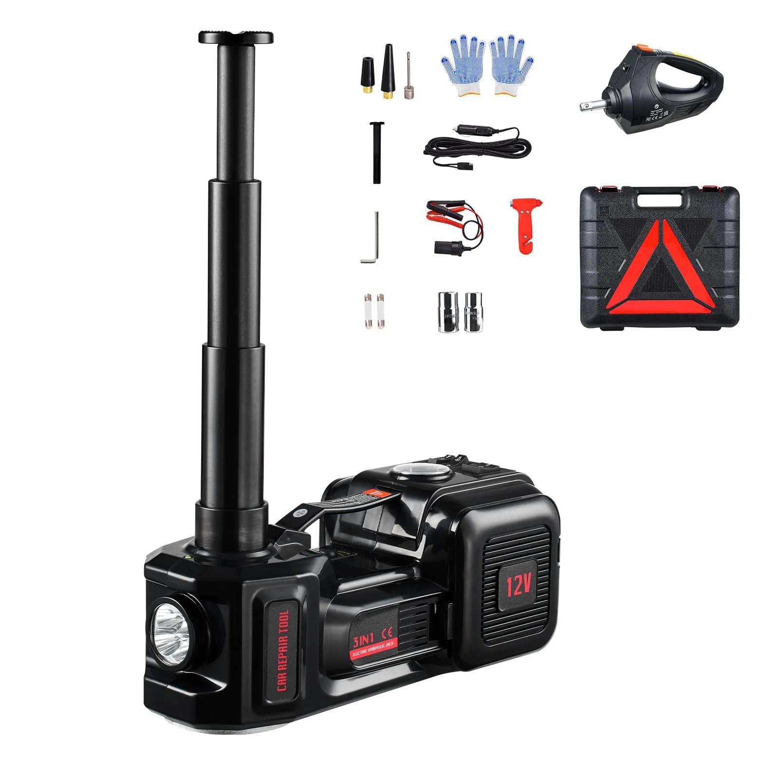 VEVOR Cric Elettrico per Auto da 5 T Cric Elettrico a Forbice con Gonfiatore Integrato, Sostituzione Pneumatici 12 V con Chiave a Percussione Elettrica e Luce LED, Kit Cric Portatile per Berlina, SUV