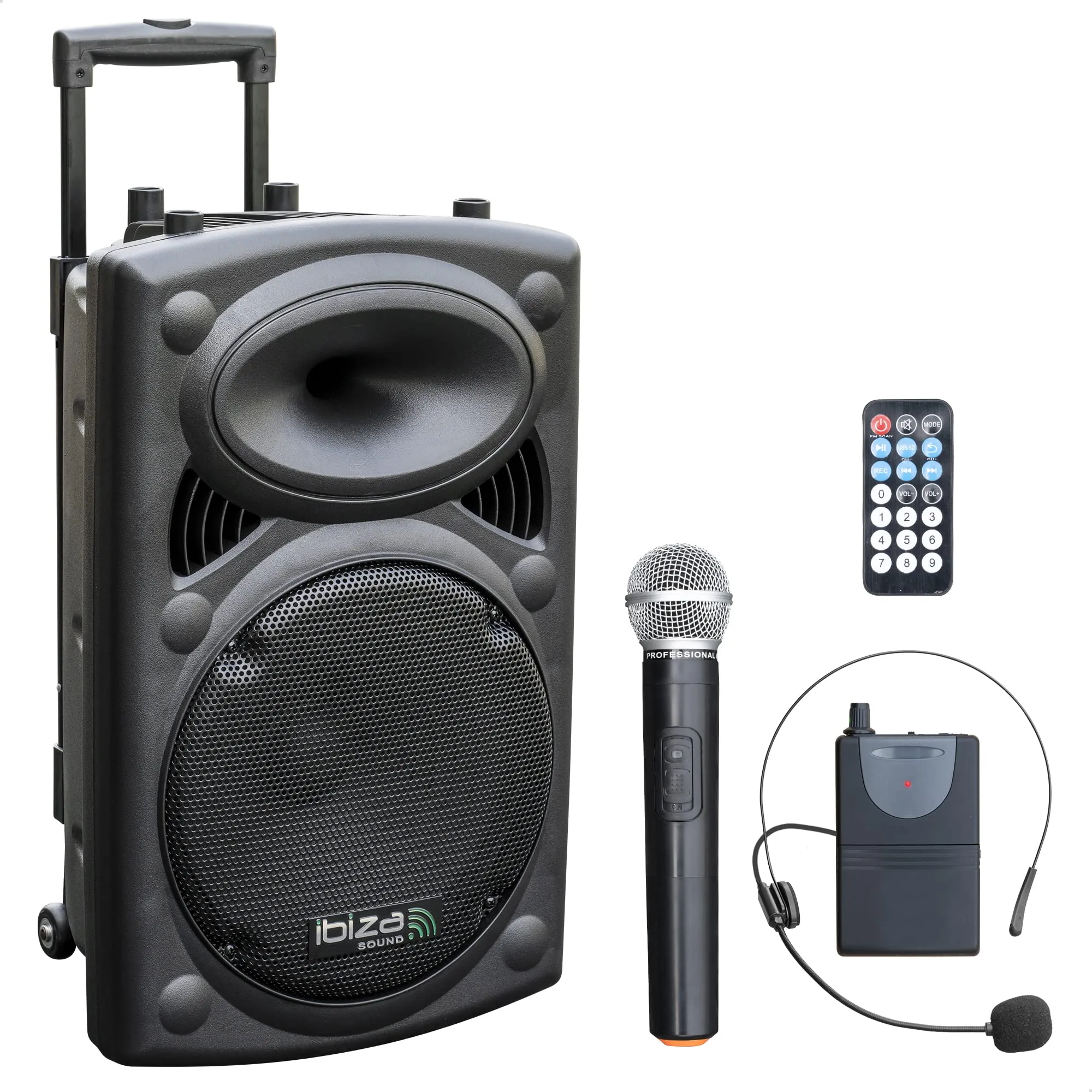 Ibiza - PORT12VHF-BT - Diffusore portatile 12"/700W MAX con 2 microfoni (VHF), telecomando e custodia protettiva - Bluetooth, USB, SD - Autonomia da 5 a 7h - Speaker Box