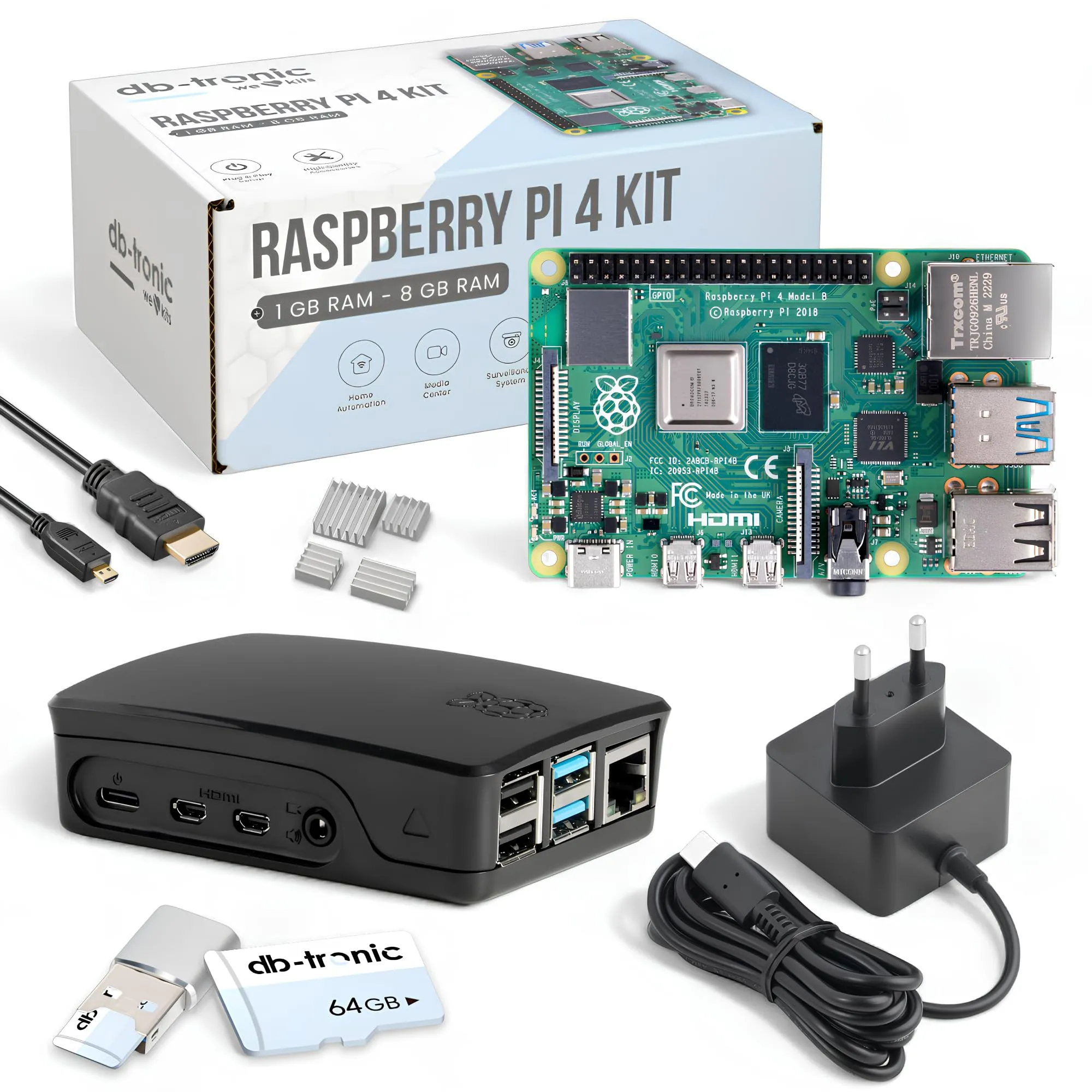Raspberry Pi 4 2 GB Starter Kit | 64 GB Edition | Alimentatore Ufficiale 15 W | Cassa Ufficiale Nero | Cavo Micro HDMI 4k | Set dissipatore di calore