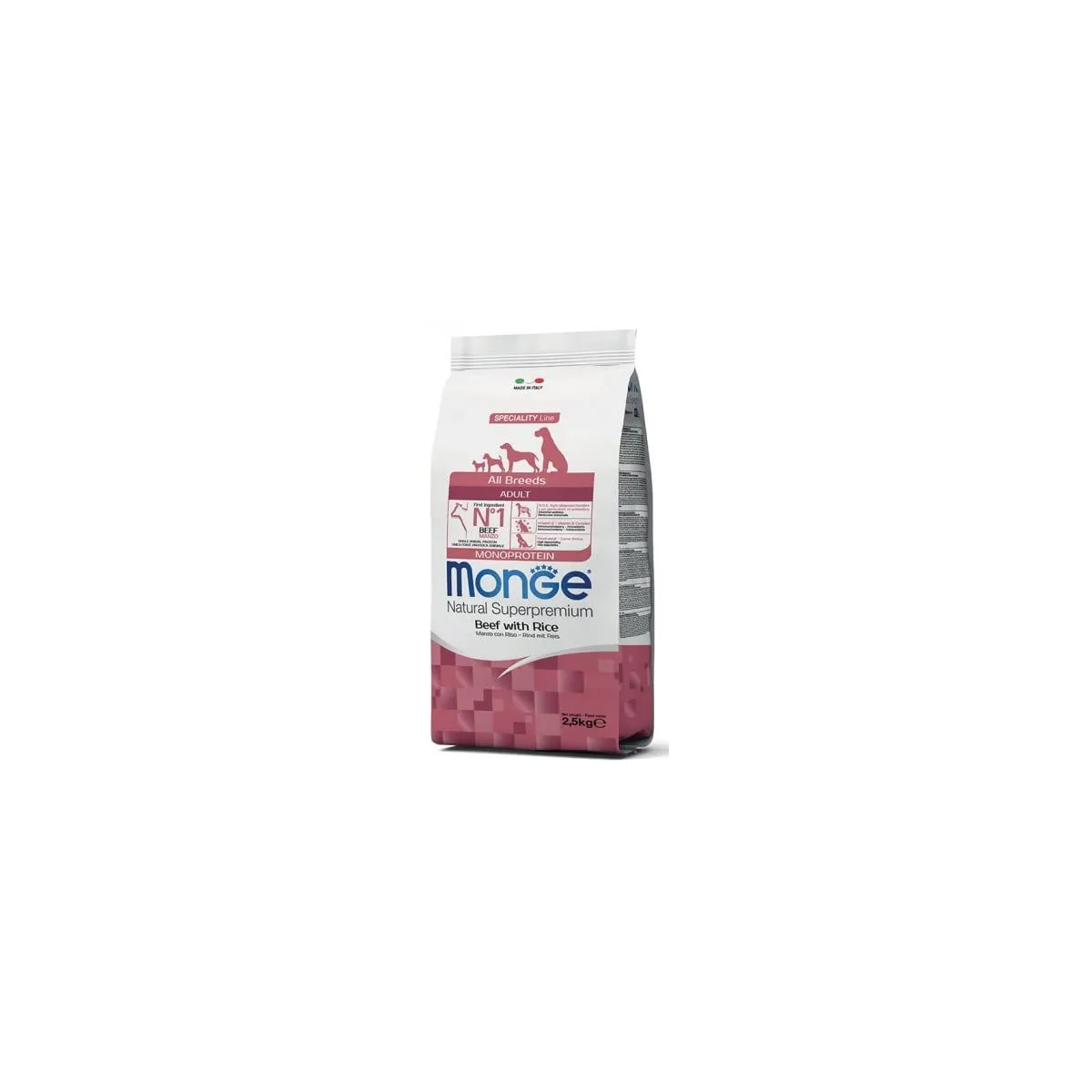 Monge Natural Superpremium ADULT BEEF WITH RICE, cibo per cani per tutte le razze, cibo secco per cani, con manzo e riso, molto ricco di fibre e vitamine, 2.5 kg
