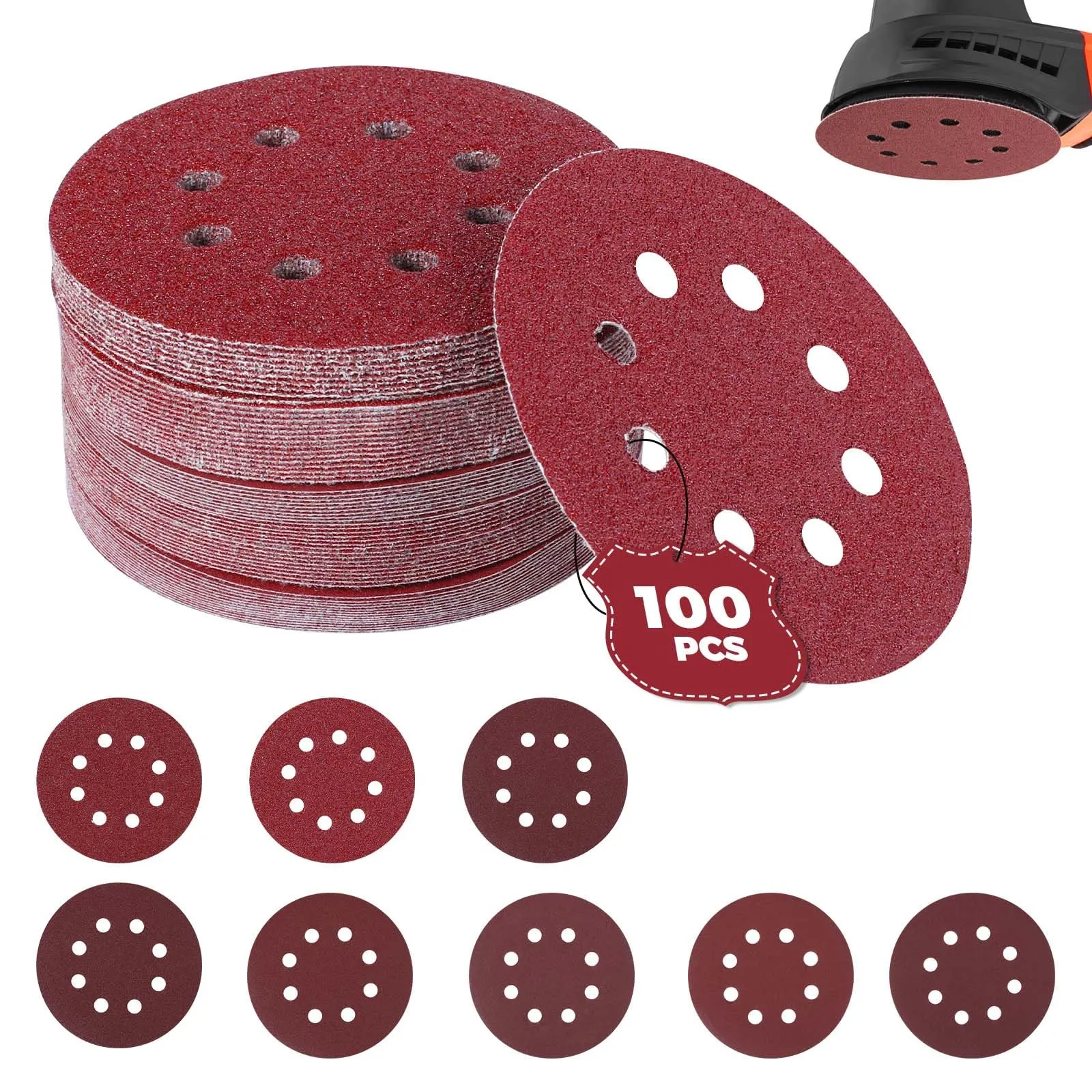100 Pezzi Dischi Abrasivi 125mm,8 Fori Rotondi Carta Vetrata Abrasiva,40/60/80/120/180/240/320/400 Graniglie
