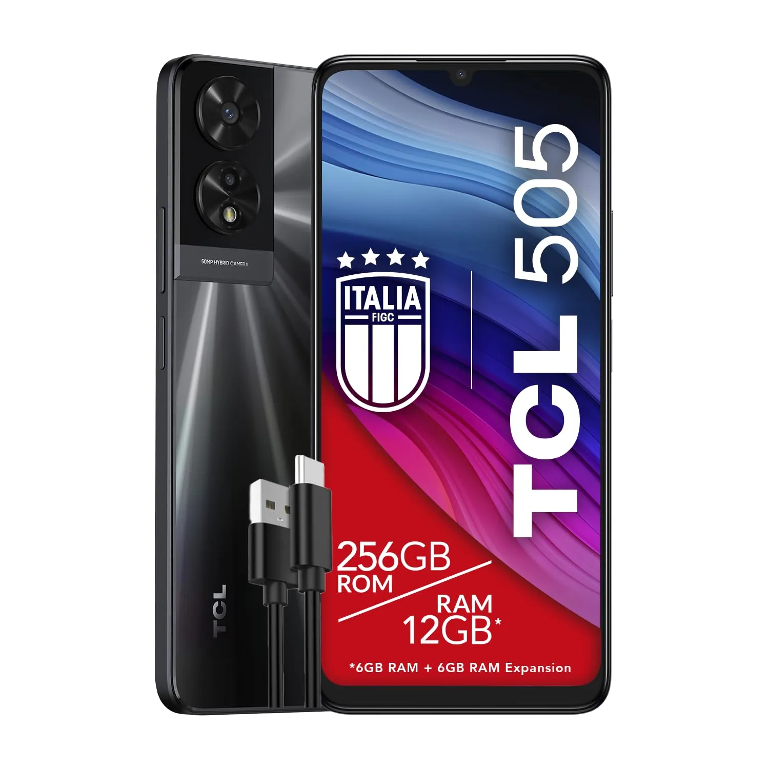 TCL 505 Smartphone 4G Display 6.75 HD+ 90Hz, 256GB, 12GB RAM, 6+6GB RAM expansion, 50Mp Hybrid Camera, Android 14, Batteria 5010 mAh, Dual Sim, Space Grey, Cavo USB Type-C Aggiuntivo