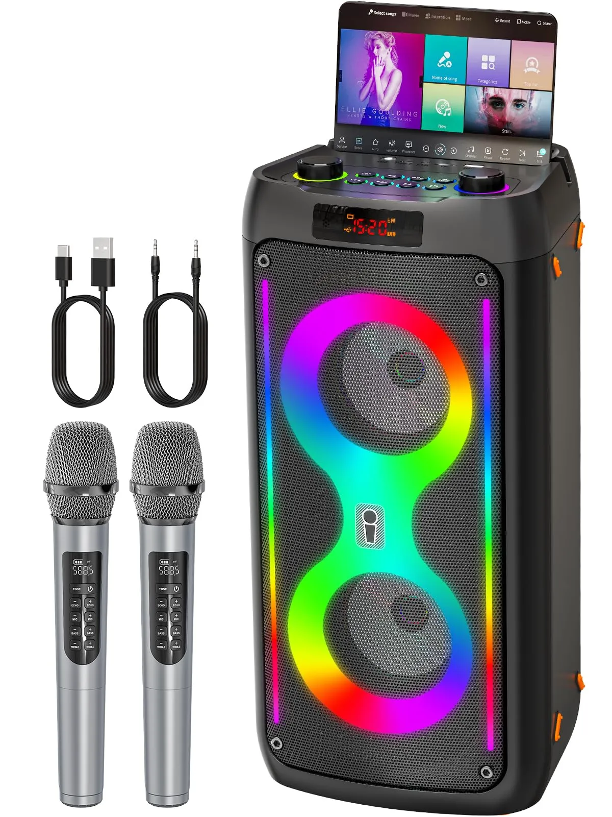 JAPOUCA Macchina per karaoke per adulti, altoparlante Bluetooth portatile con 2 microfoni wireless, sistema PA con luci da discoteca per grandi feste, all'aperto, supporta USB/TF/REC/AUX