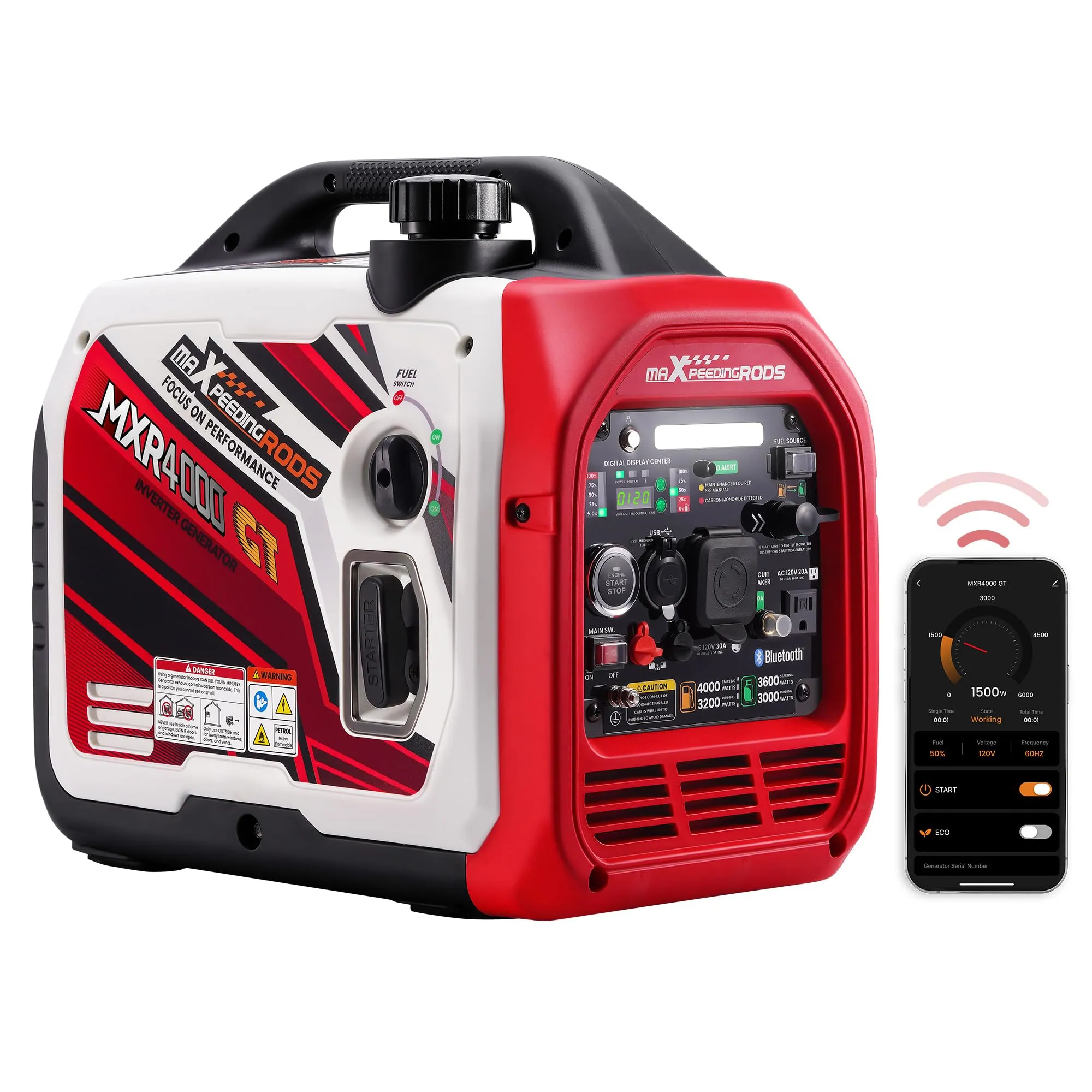 maXpeedingrods Generatore di Corrente Silenziato GPL e Benzina 3500W Inverter con App Bluetooth® Telecomando Portatile 4 Tempi Generatore Emergenza per all'Aperto Campeggio Partito Cantiere Garage