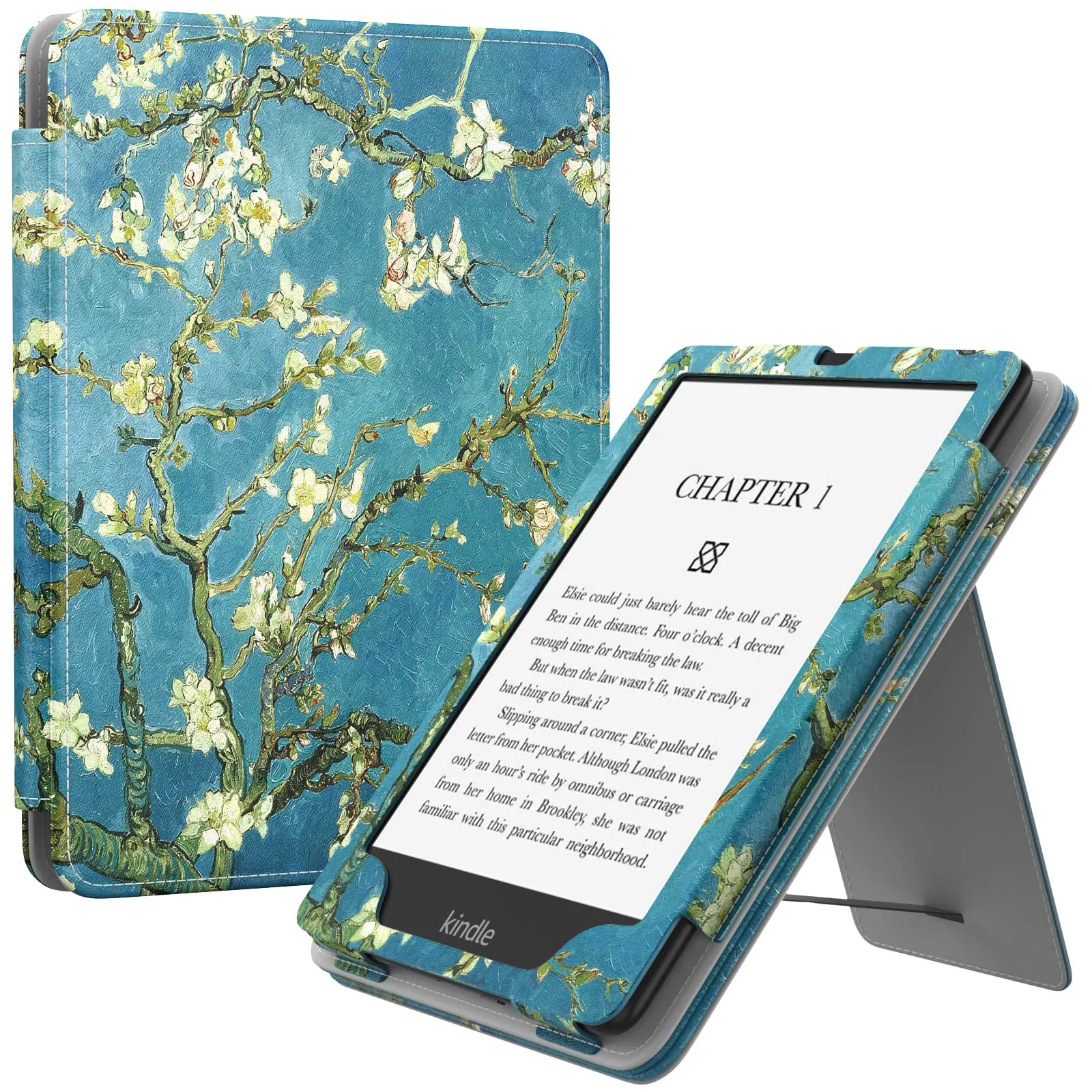 MoKo Custodia Compatibile con 7"/6.8" Kindle Paperwhite(12th/11th Generazione 2024/2021), Magnete Riattivazione e Standby, Con Supporto Verticale e Cinturino per Presa a Mano, Albicocchi in fiore