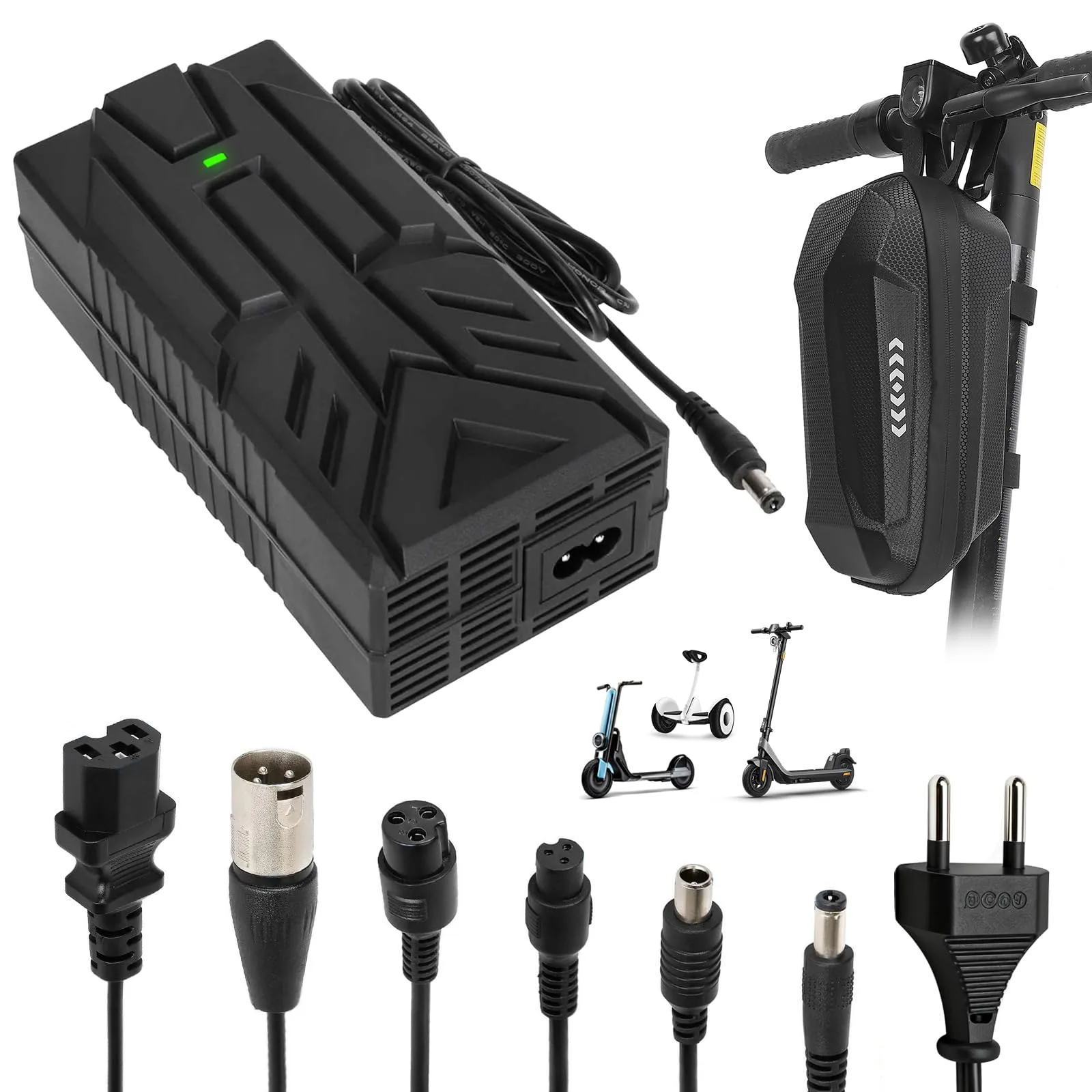 HPGAAVD 54,6V 2A Caricatore per Scooter Elettrico，48V Caricatore Universale batteria litio con 6 Connettori,Carica rapido per Hoverboard, Bici Equilibrata, Drifting Board,E-Bike+2L Borsa Impermeabile