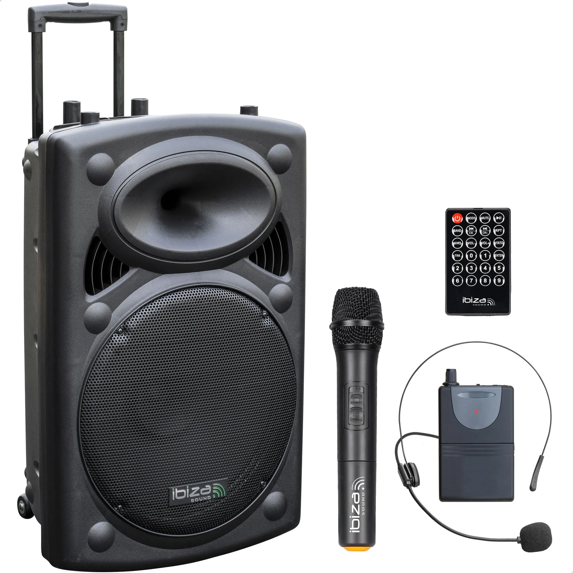 Ibiza - PORT15UHF-BT - Sistema di altoparlanti portatili da 15"/800W MAX con 2 microfoni (UHF), telecomando e custodia protettiva - Bluetooth, USB, SD & TWS - autonomia da 6 a 8 ore - Speaker Box