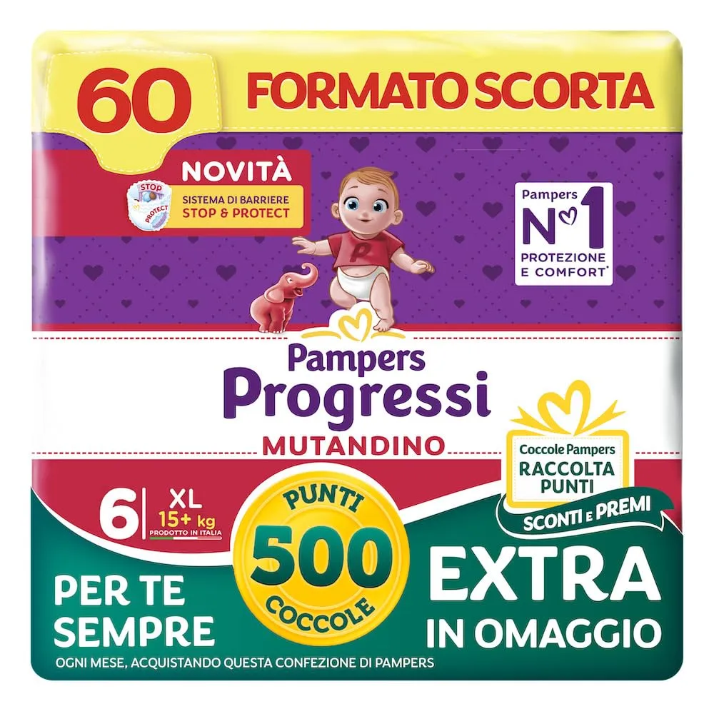 Pampers Progressi Mutandino XL +500 Punti Coccole extra in omaggio, Taglia 6 (15+ kg), 60 Pannolini (formato scorta)