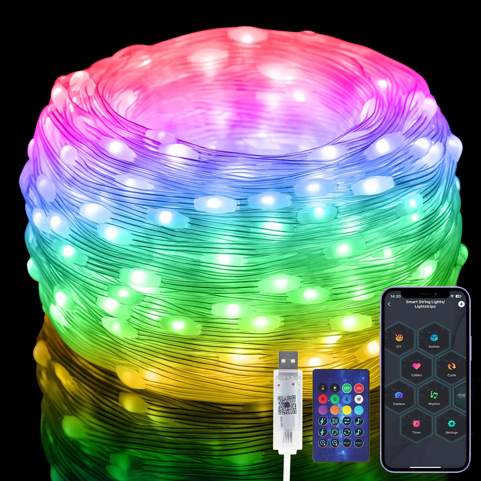 Electight 10M LED Luci Natale con Telecomando [IP65 Impermeabile], RGB Smart IC Multicolore, APP Controllo, Scene Multiple, Temporizzazione, USB Alimentazione, Interni/Esterni, Giardino, Matrimoni