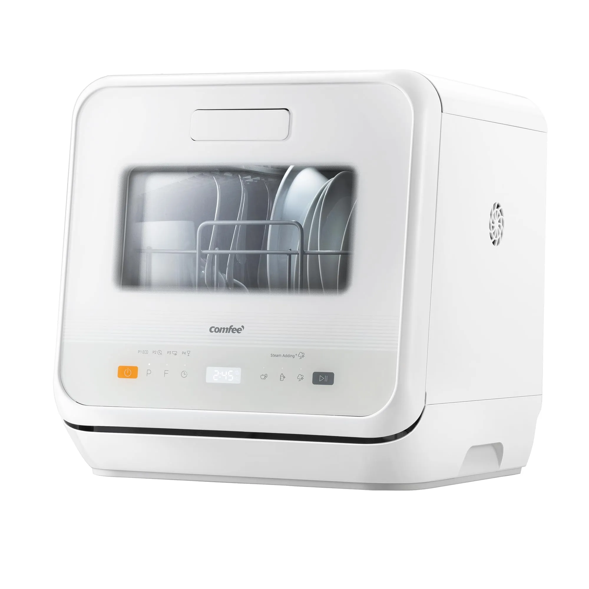 COMFEE' Mini Lavastoviglie CDWMTO201D(W) Piccola lavastoviglie da tavolo con serbatoio dell'acqua integrato da 5 l, lavaggio a vapore, stoccaggio ventilato, classe energetica D - Bianco