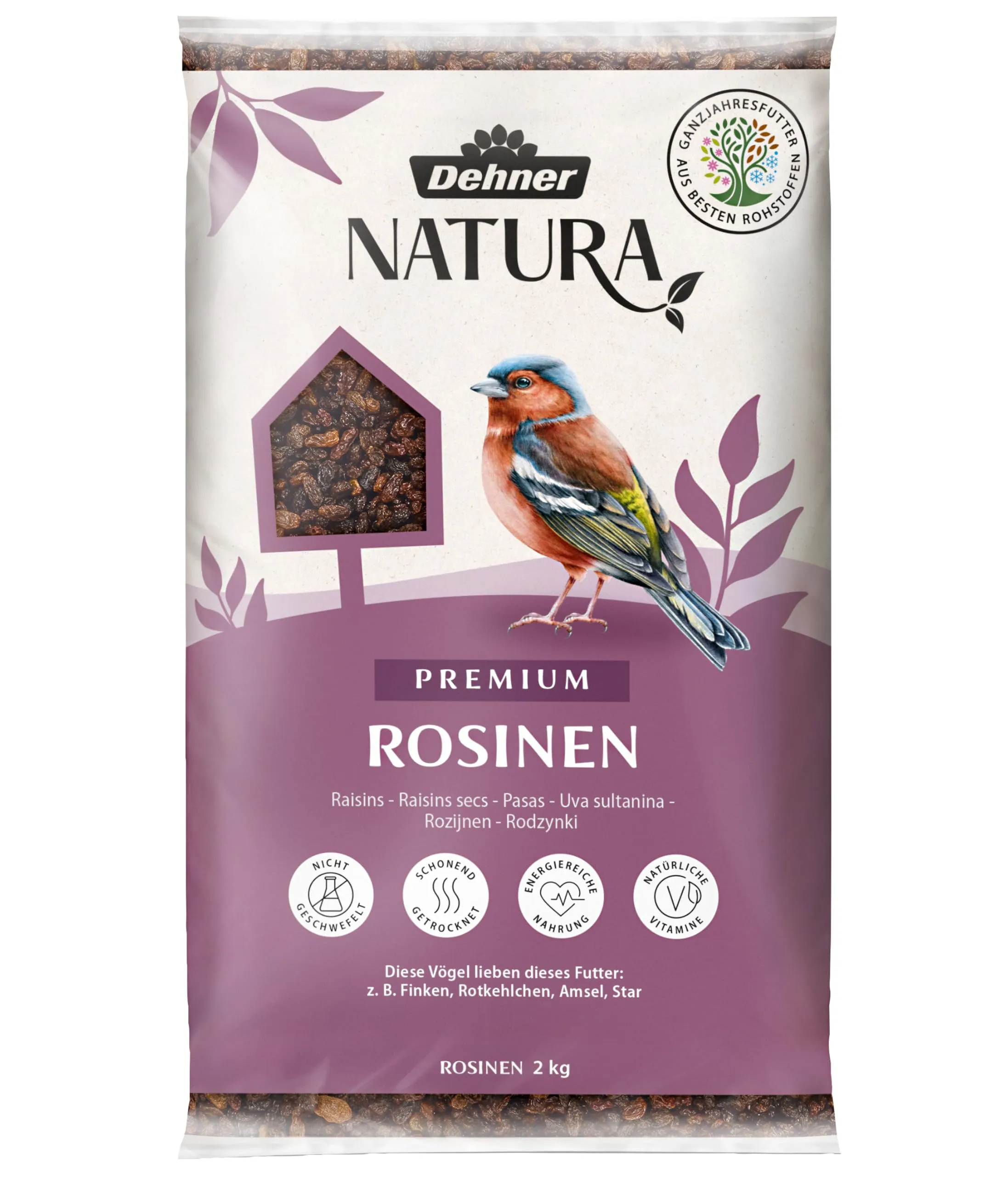 Dehner Natura Premium mangime per uccelli selvatici, con uvetta, non solforato, 2 kg