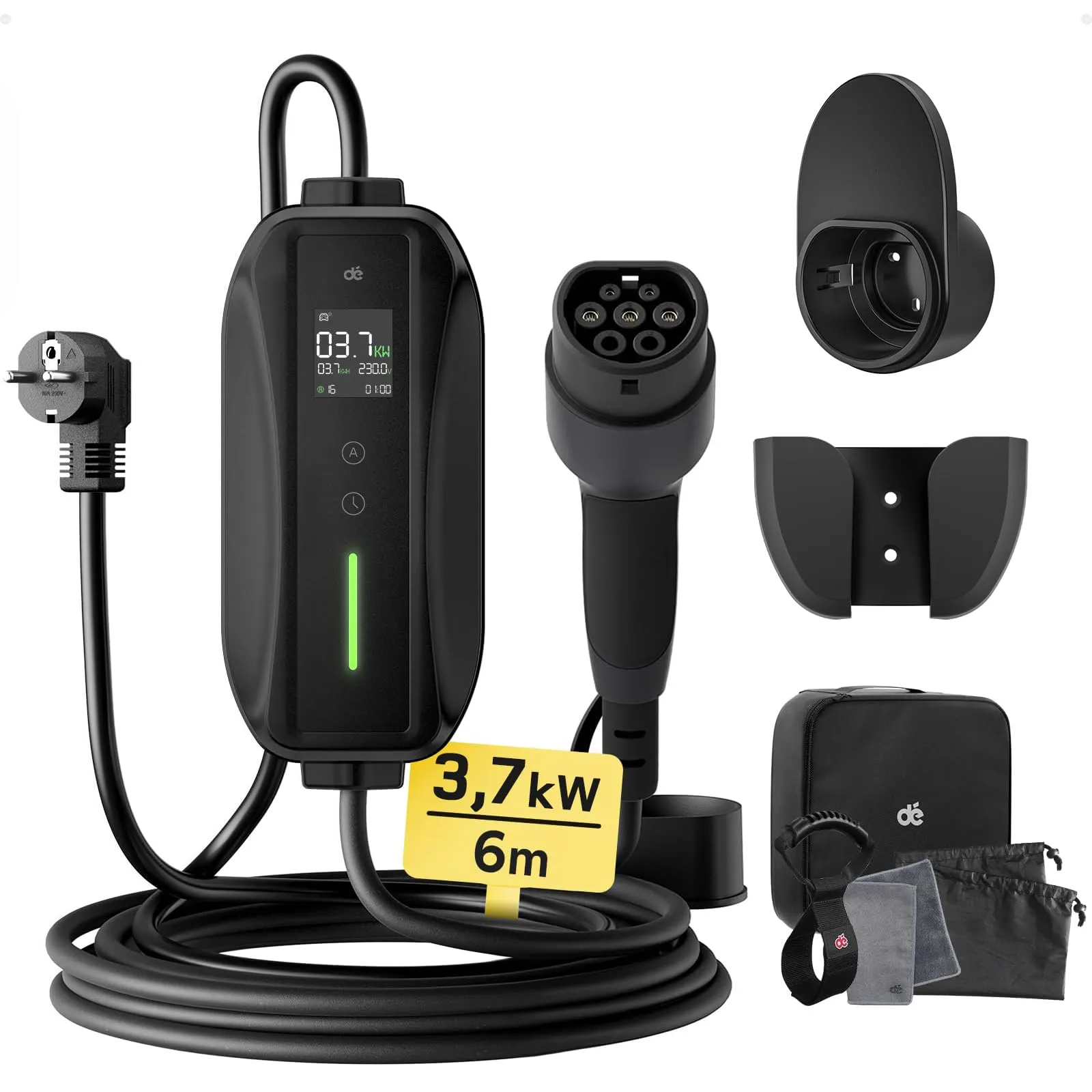 dé Cavo Ricarica Auto Elettrica Tipo 2 Schuko 6m [3,7kW| 6-16A] Colonnina Ricarica Auto Elettrica, Wallbox Portatile con LCD Digitale e Supporto Compatibile con Model 3/Y, Seal U e Altri EV/PHEV
