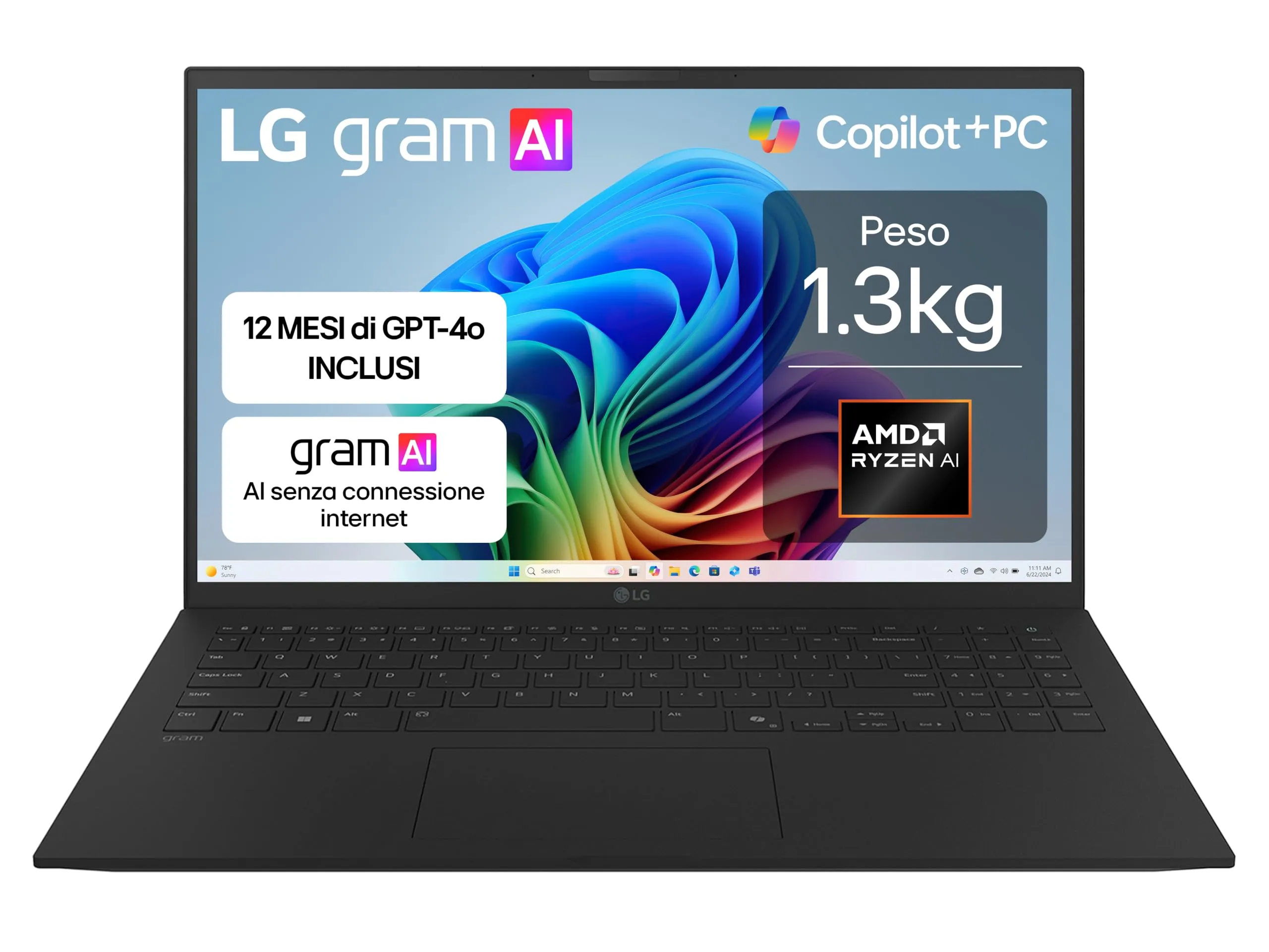 LG gram AI 15Z80T, Notebook 15.6" FHD (1920x1080), AMD Ryzen AI 7 350, 16GB RAM, 512GB SSD, Ultraleggero solo 1.3 kg, Batteria 72Wh, Windows 11 Home, Copilot, scocca in alluminio, Nero