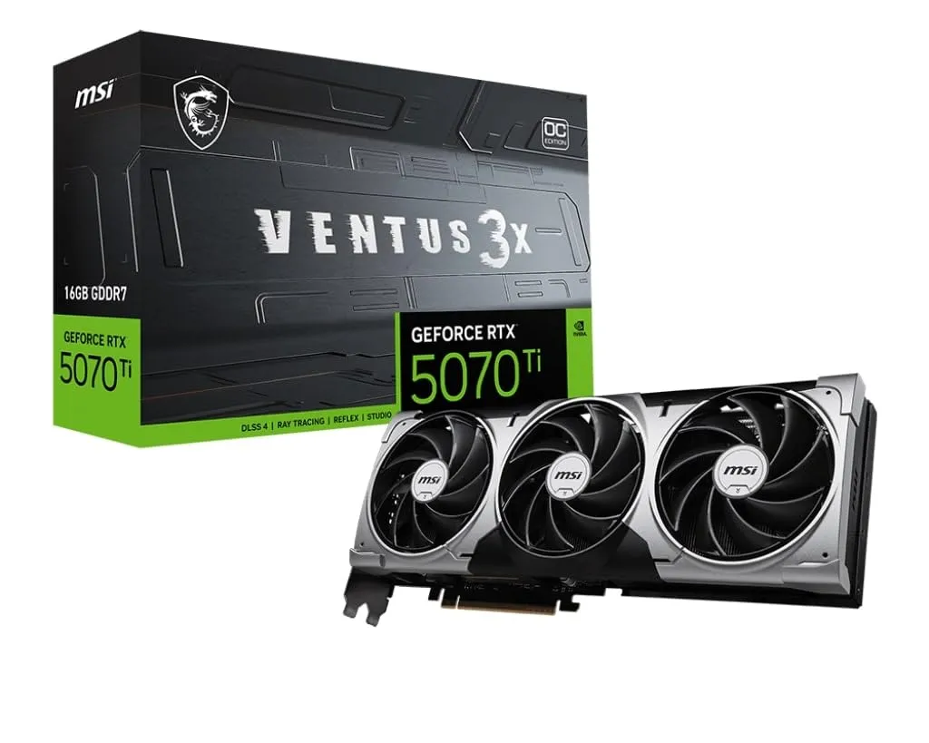 MSI GeForce RTX™ 5070 Ti 16G VENTUS 3X OC Scheda Video, 16GB GDDR7, PCIe 5.0, 8960 CUDA Core, Boost Clock 2482 MHz, HDMI 2.1b, DisplayPort 2.1b, Backplate in Metallo, TORX FAN 5.0, Zero Frozr
