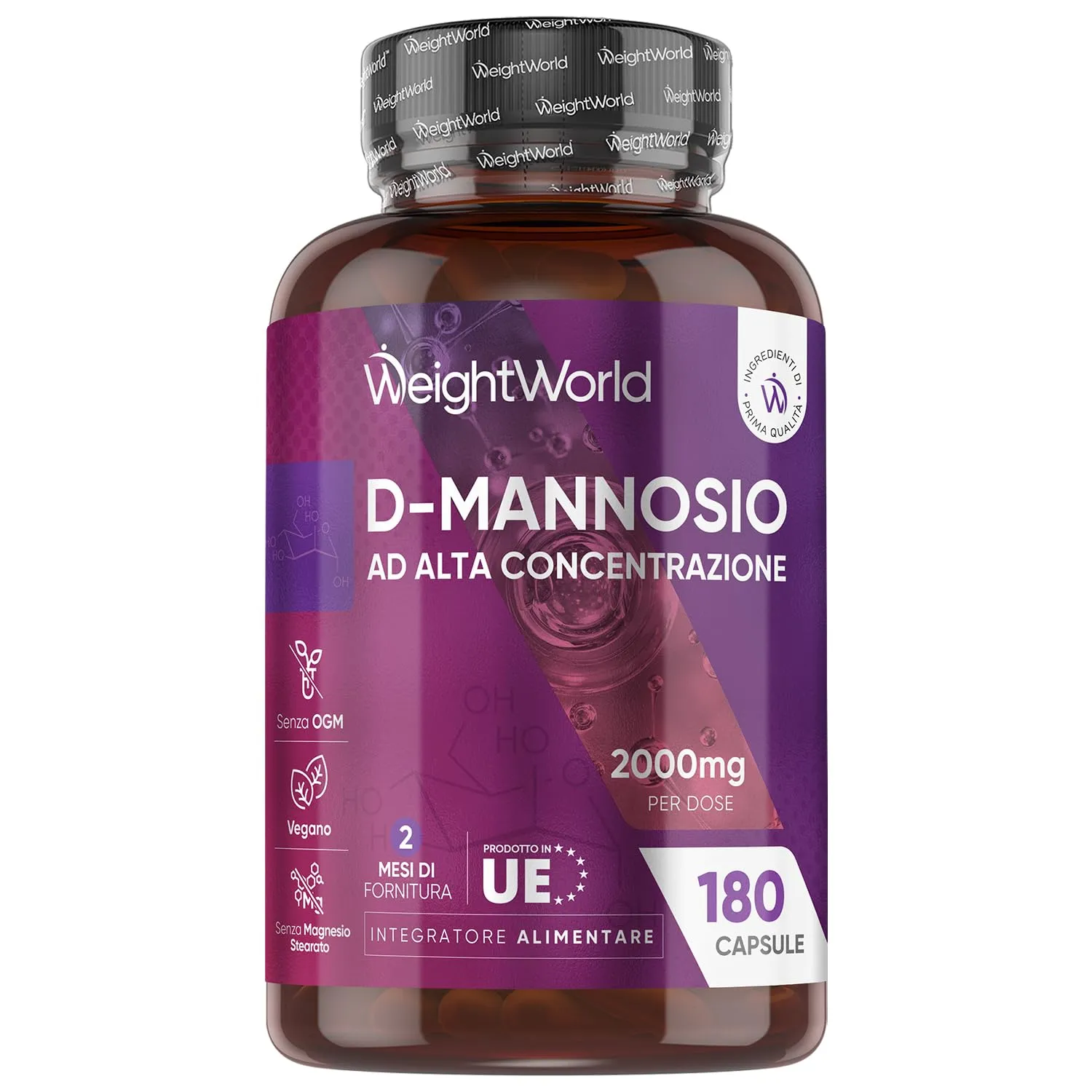 D Mannosio Puro 2000mg, 180 Capsule, 2 Mesi, Alto Dosaggio, Vegano e di Origine Naturale, D Mannosio, Integratore Mannosio Capsule Senza Additivi, DMannosio Polvere Pura Senza OGM e Glutine, D Mannose