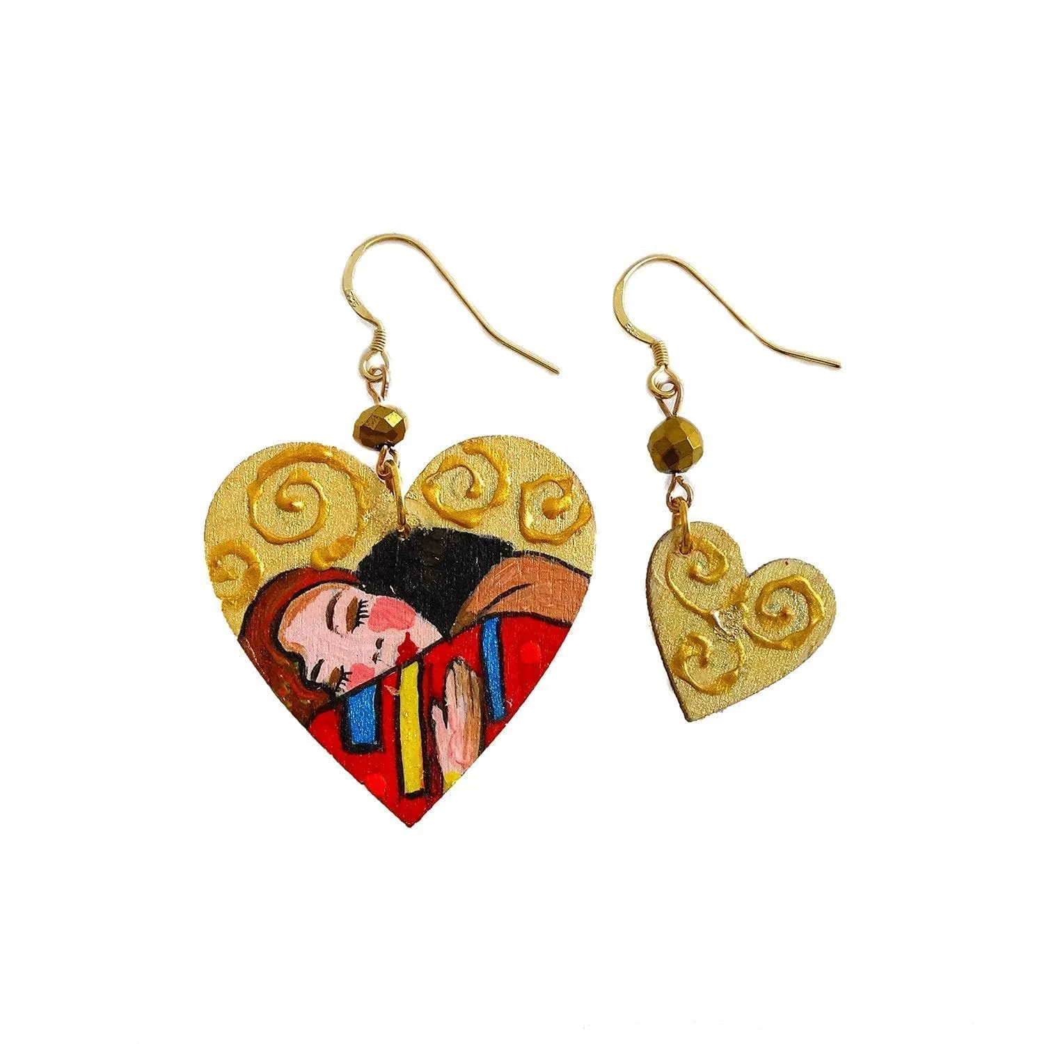 Orecchini dipinti a mano – L' ABBRACCIO DI KLIMT - Orecchini pendenti da donna, Gioielli in legno dipinti a mano, Gancio in argento, Made in Italy, Lavorazione Artigianale