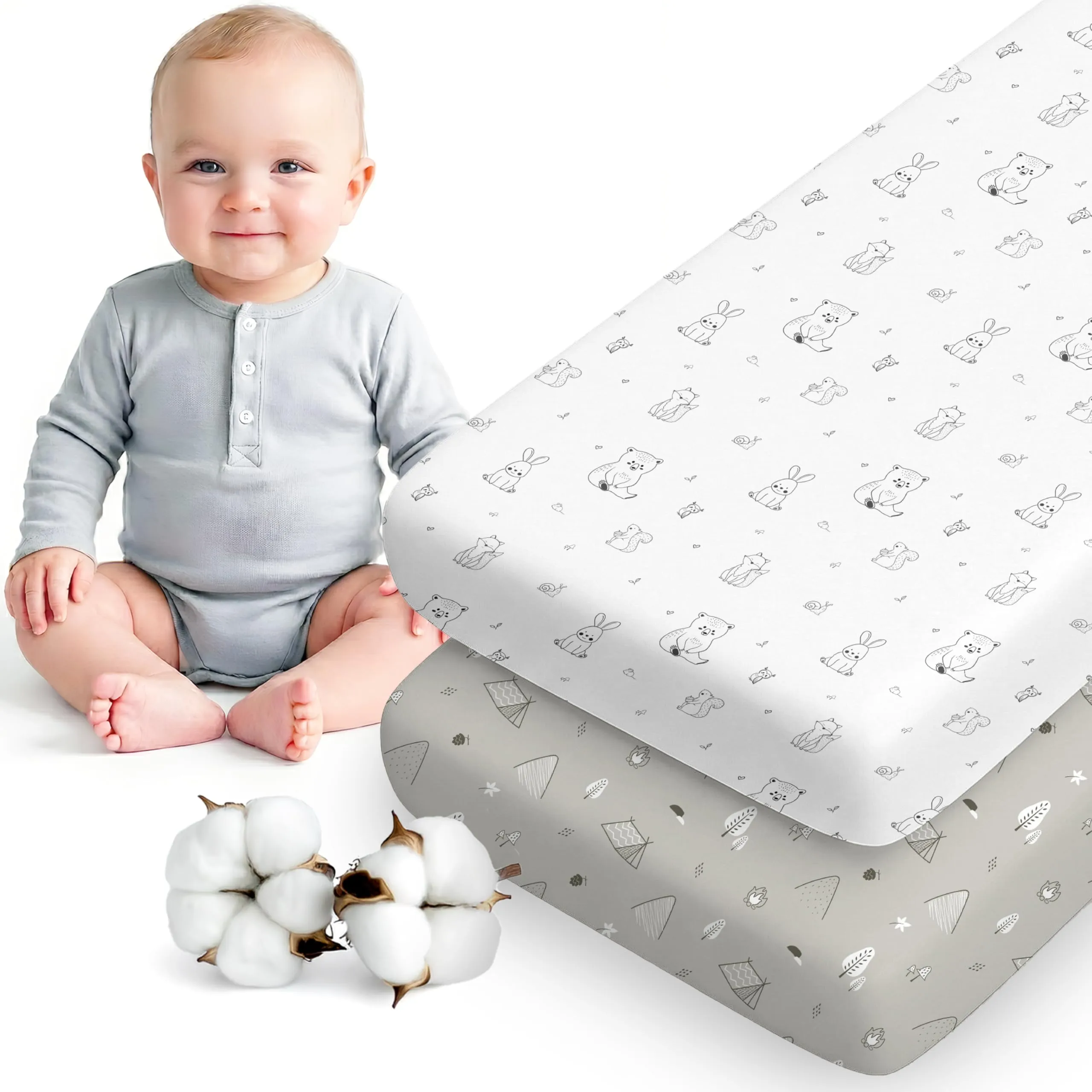 Dreamzie Set 2 Lenzuola Lettino Neonato 60x120 Cotone - Lenzuolo Con Angoli, Oeko-Tex Certificato - Lenzuola Culla Lettino 60x120 - Bosco Bianco/Grigio