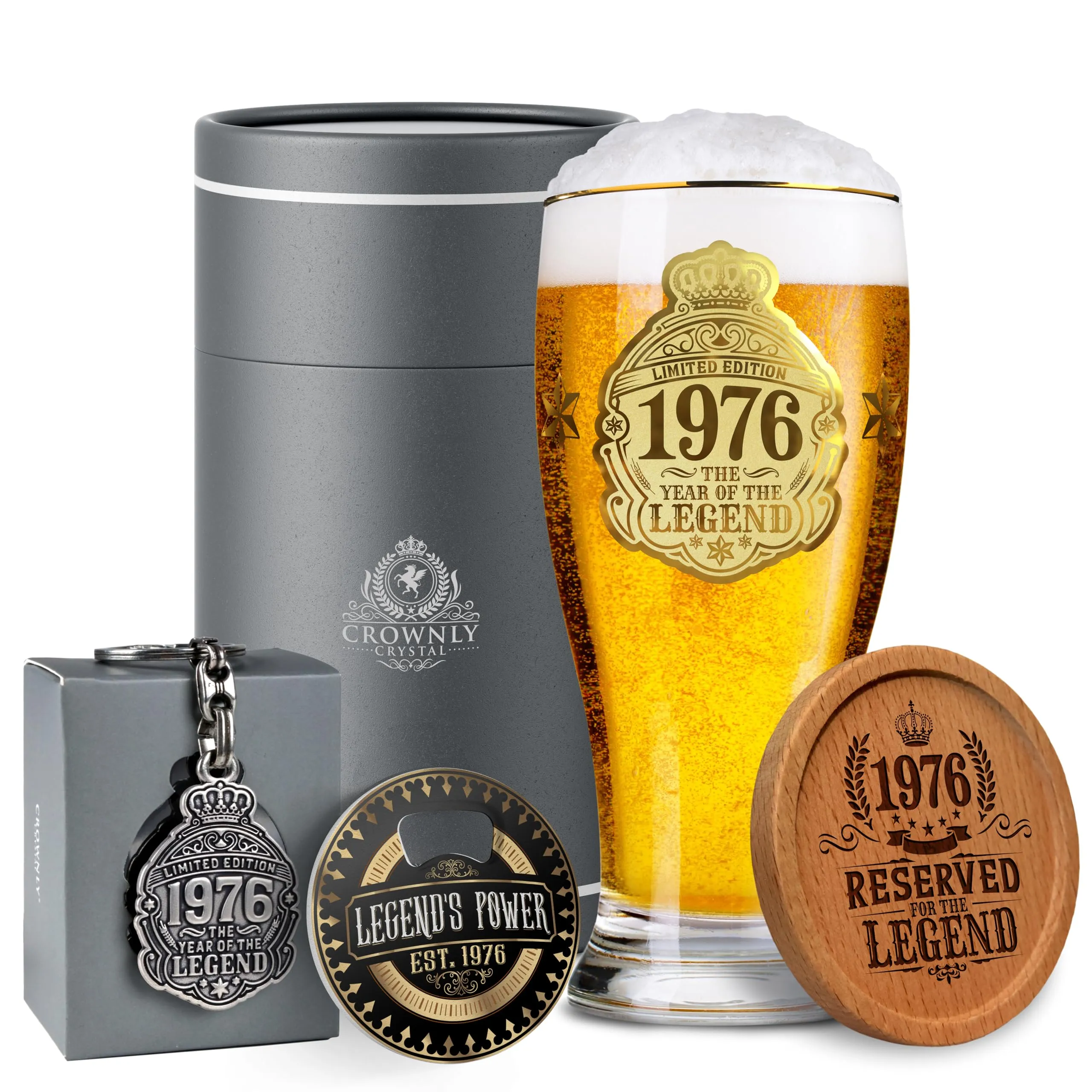 CROWNLY CRYSTAL® 1976 Regalo 50 Anni Uomo Bicchieri Birra 570 ml Personalizzati Compleanno Decorazioni Regali Per Lui Amica