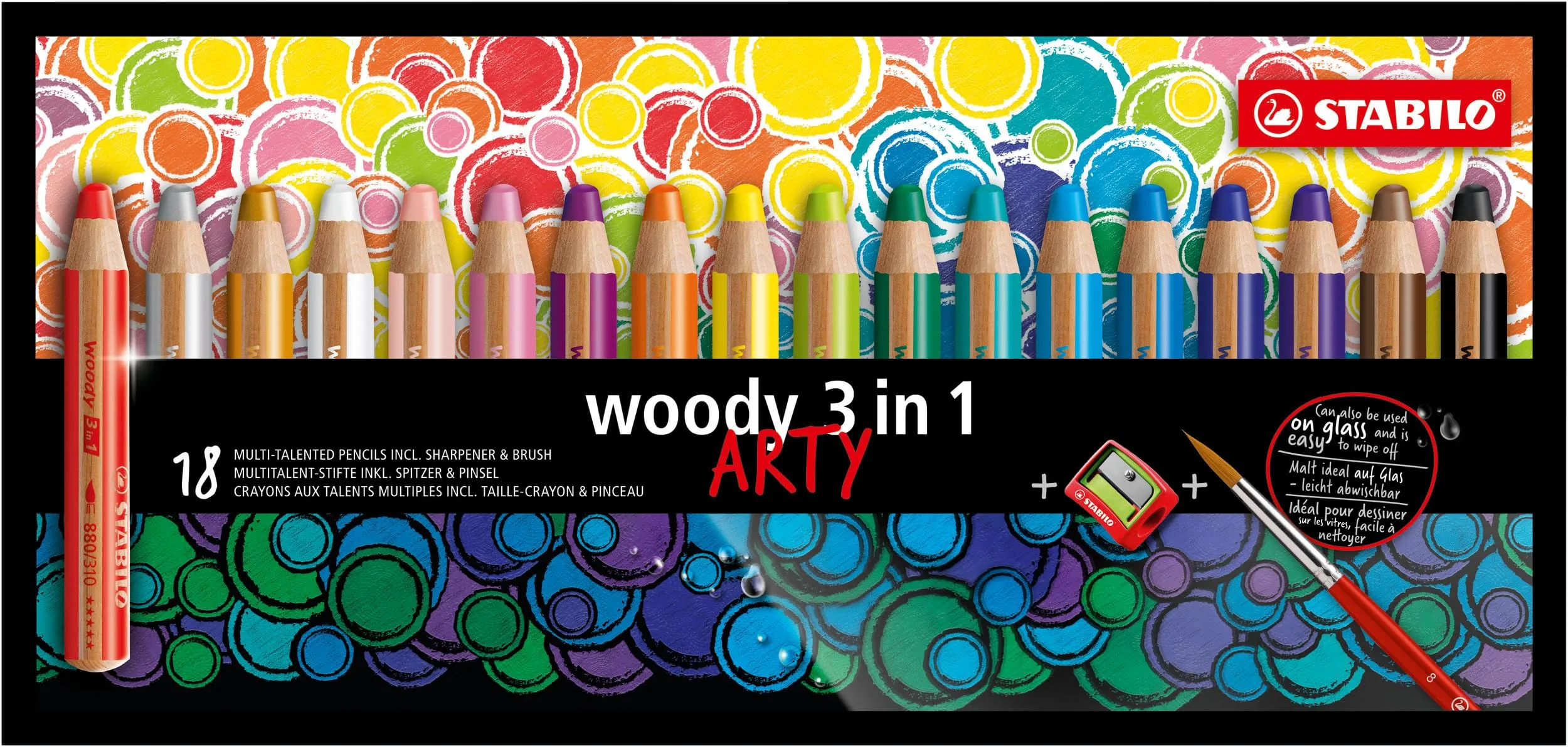 STABILO woody 3 in 1 - Matita colorata Multi-Funzione - ARTY - Astuccio da 18 - con Temperino e Pennello - Colori assortiti