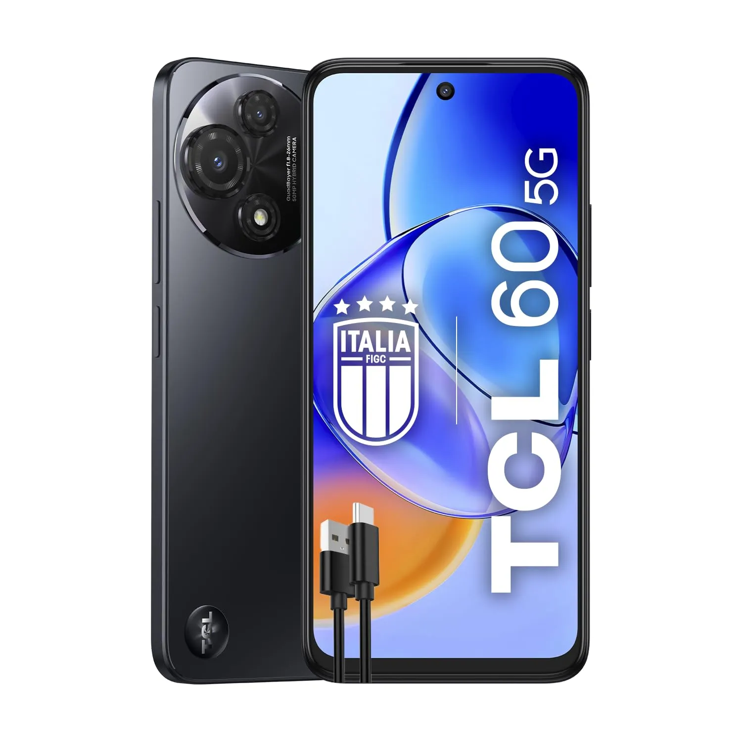 TCL 60 5G, Smartphone 5G, Display NXTVISION 6.8" 120Hz HD+, RAM 16GB, Memoria 256GB, Doppia Fotocamera 50MP con Macro + 5MP UW, Batteria 5200mAh, 18W Fast Charge, Space Grey +Cavo USB-C Aggiuntivo