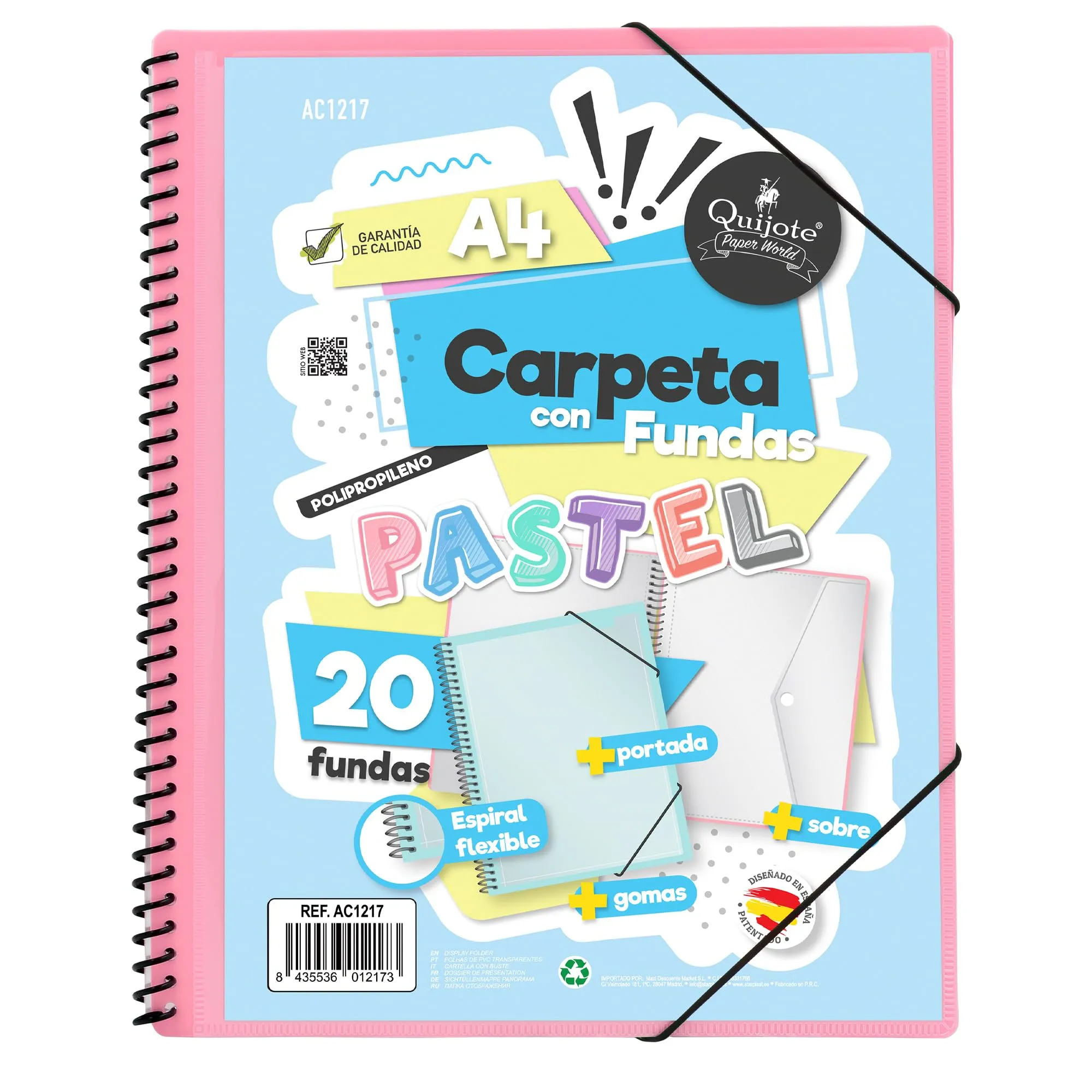 Starplast Cartella Buste Spirale Flessibile - 60 buste trasparenti, A4, chiusura elastica, copertina in polipropilene, copertina personalizzabile, per uso scolastico e ufficio - colore Rosa Pastello