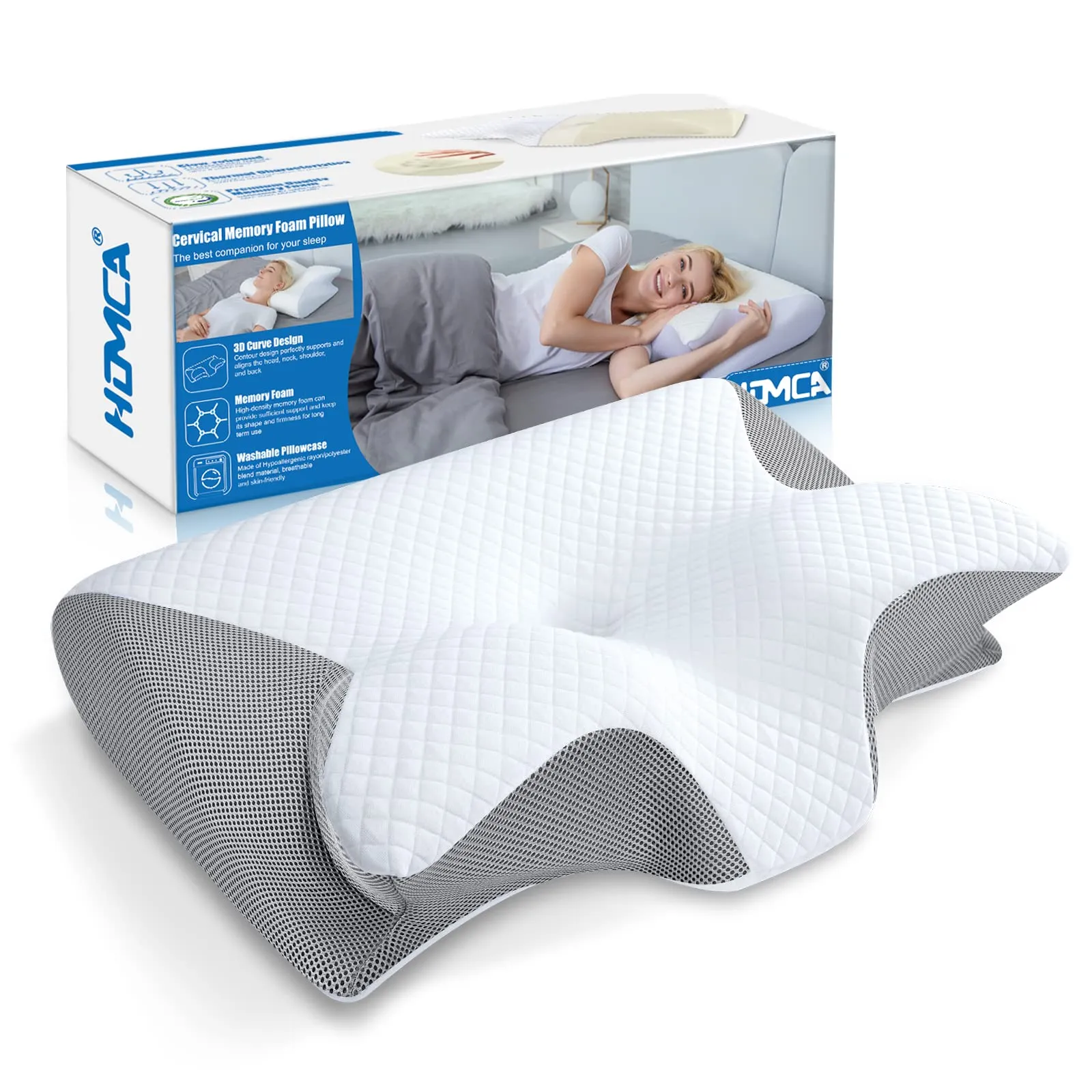 HOMCA Cuscino Ortopedico, 2 in 1 Cuscino Ergonomico in Memory Foam per Dormire, Cuscino per Supporto Cervicale con Federa Sfoderabile e Lavabile, 60 x 40 x 11/13 cm, Grigio