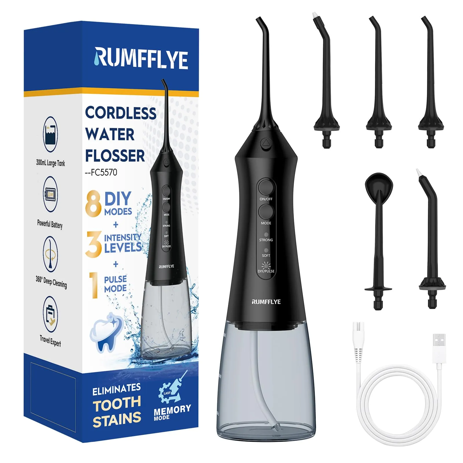 RUMFFLYE Idropulsore Dentale Portatile Irrigatore Orale Professionale Water Flosser Idropulsore Denti con 12 Modalità Serbatoio Visibile 300ML Ricaricabile Impermeabile IPX7 per Casa e Viaggi Nero
