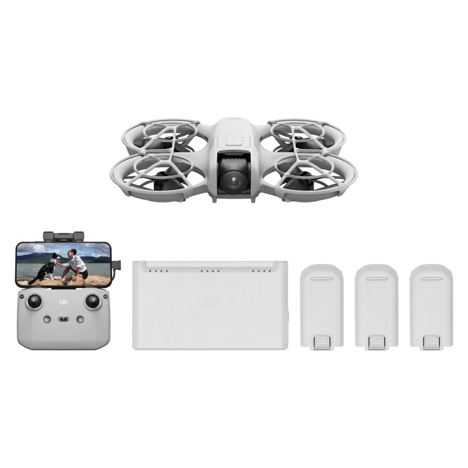 DJI Neo Combo Fly More, mini drone con fotocamera UHD 4K per adulti, 135g drone che vola da solo e ti segue, decollo dalla mano, tracciamento IA del soggetto, QuickShot, con RC-N3 e 3 batterie