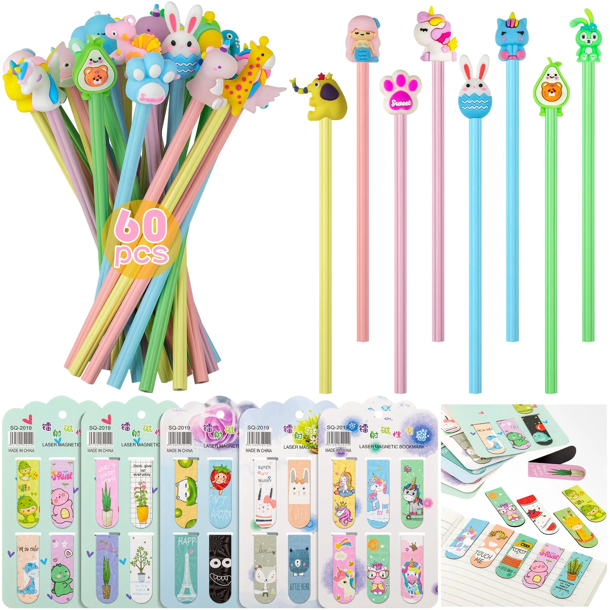 Set 60 Matite Segnalibri,30 Matite Gadget Compleanno Bambini e 30 Segnalibri Magnetici Colorati, Divertente Animale Matita Segnalibro Bambini,Regalini Fine Festa Compleanno per Bambina e Bambino