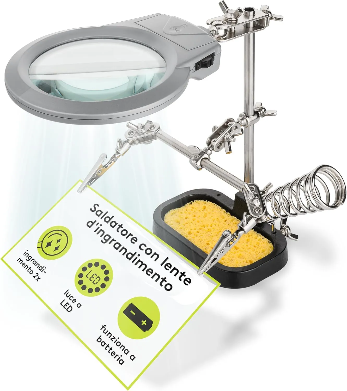 Reggi Scheda Elettronica ANFEL AN-10M Supporto Regolabile con Lente Ingrandimento e Luce LED con Reggi Stilo Saldante Terza Mano Saldatura e Dissaldatura