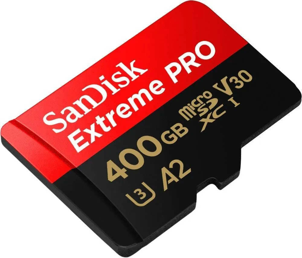 SanDisk Extreme Pro 400 GB microSDXC Memory Card + SD Adapter with A2 App Performance + Rescue Pro Deluxe 170 MB/s Class 10, UHS-I, U3, V30, Red/Gold SDSQXCZ-400G-GN6MA
