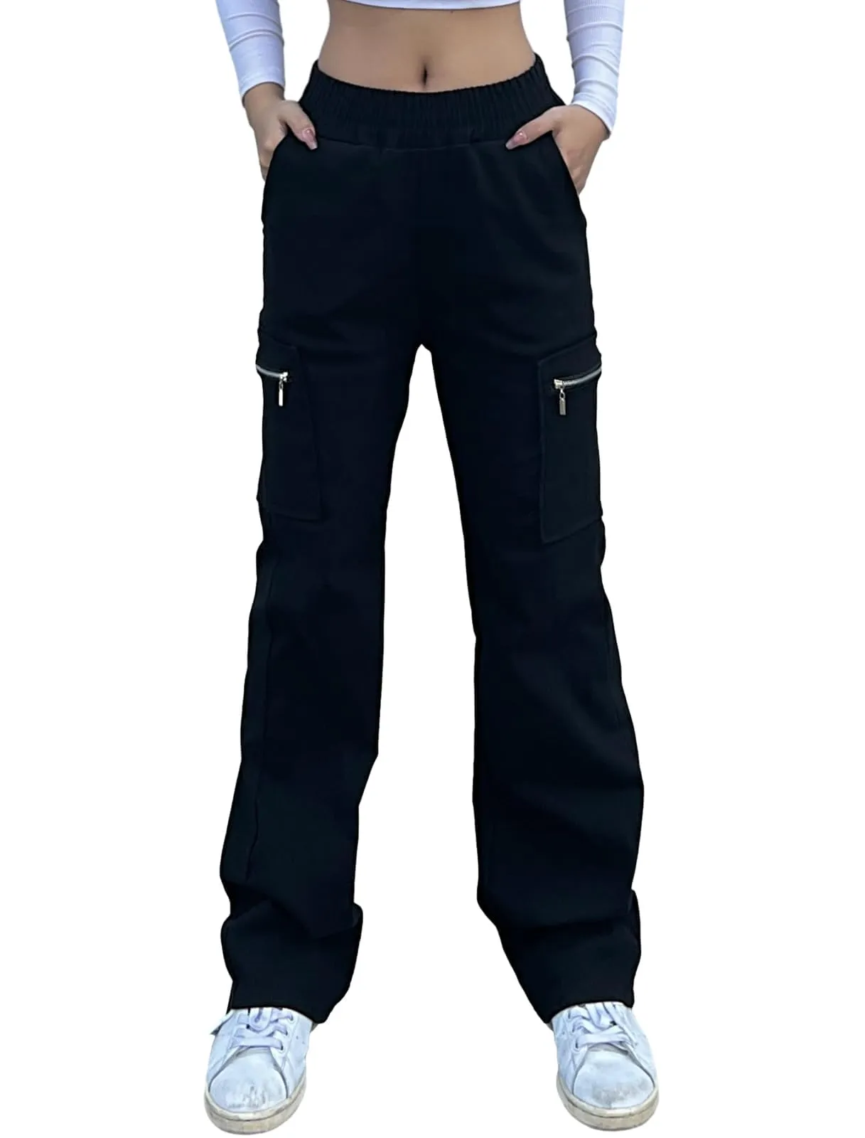 Nuofengkudu Gamba Larga Diritto Pantaloni Cargo Donna con Cerniera Tasche Stretch Lunghi Pantalone Elasticizzati Vita Alta Larghi Lavoro Comodi Y2K Teen Ragazza Moda Vintage Streetwear Nero XL
