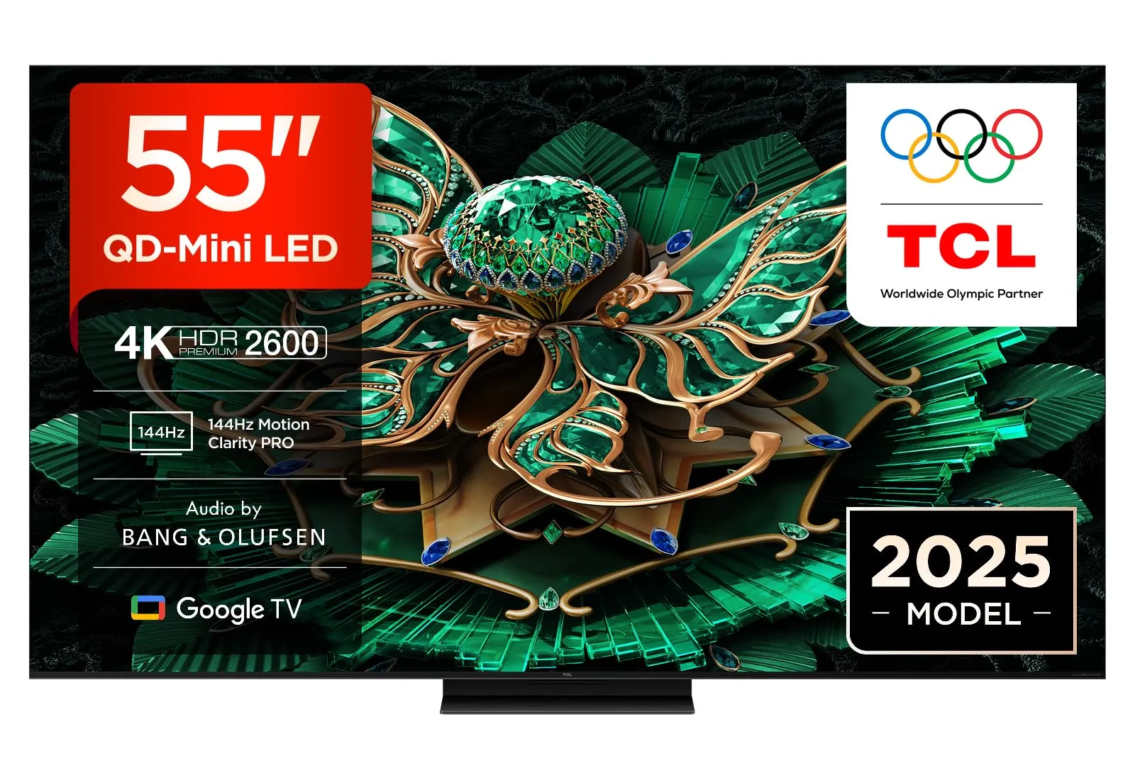 TCL 55C7K 55" QD-Mini LED-TV, 4K HDR Premium 2600, Smart Google TV, 144Hz Motion Clarity Pro (Dolby Vision IQ & Atmos, CrystGlow HVA-Panel, Audio von Bang & Olufsen, Game Master)