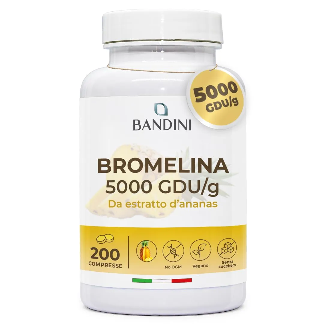 Bandini® Bromelina Forte 5000 GDU/g Gastroprotetta 200 Compresse, Enzima Digestivo per Microcircolo e Depurazione, Contro Gonfiore Addominale, Digestione, Estratto di Ananas, Drenante, Pura, Strong