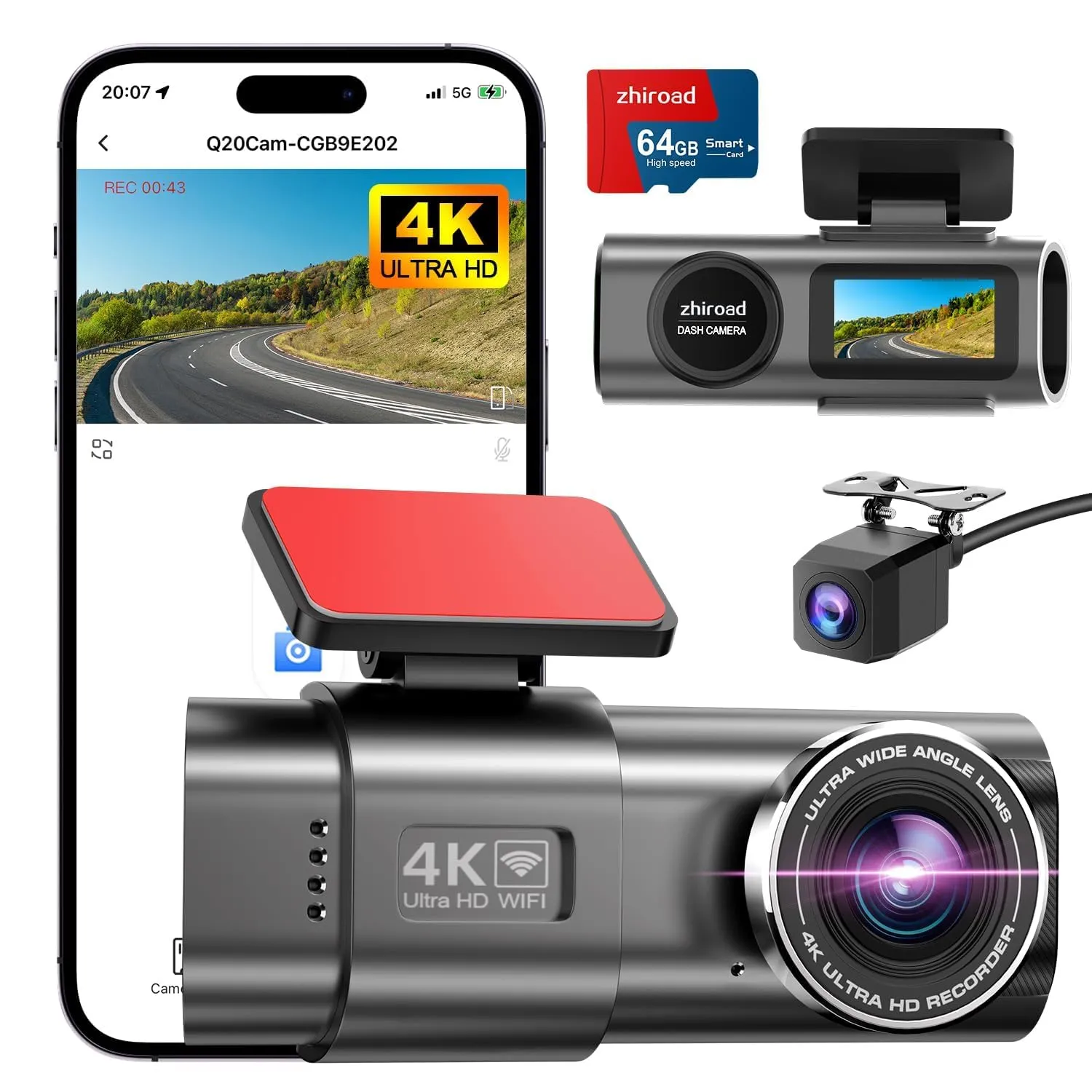Dash Cam Auto, 4K Dashcam con WiFi & App, Dashcam Auto con 64G Scheda, Telecamera Auto 170°+140°, WDR, Schermo 1,47", Custodia rimovibile, Registrazione in Loop, Visione Notturna, Sensore di Gravità