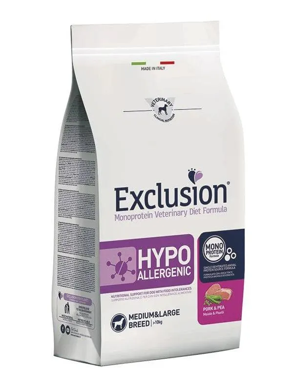EXCLUSION VETERINARY DIET Per Cani HYPOALLERGENIC Maiale e Piselli MEDIUM LARGE 12 kg