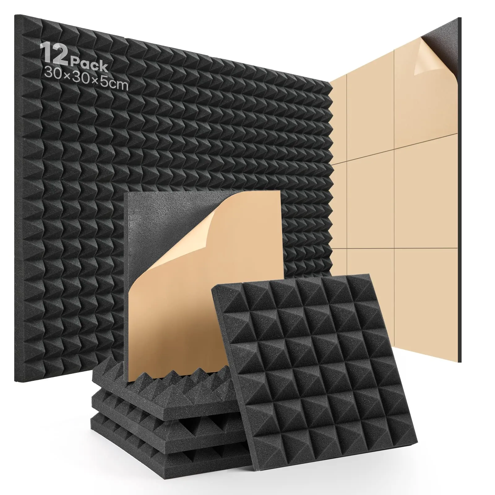 Pannelli Fonoassorbenti Autoadesivi 12 Pezzi Pannelli Insonorizzanti alta densità Pannello Fonoassorbente per Trattamento acustico Podcasting, Studi di Registrazione 30 X 30 X 5cm