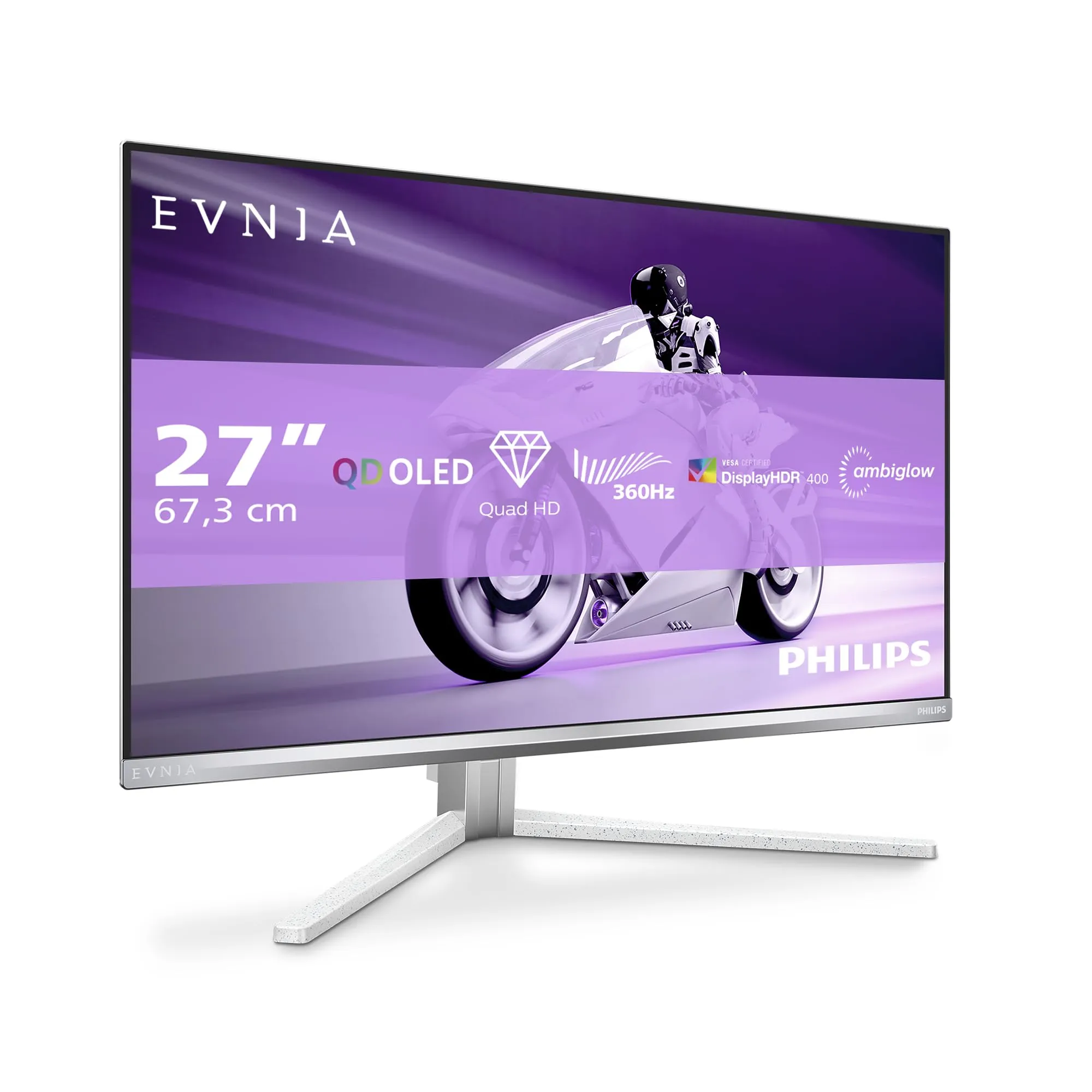 Philips Evnia 27M2N8500 - Monitor da gioco OLED QHD da 27 pollici, 360 Hz, 0,03 ms, HDR400, Ambiglow, FreeSync. Prem., comp. G-Sync. (2560x1440, 2X HDMI 2.1, 1x DP 1.4, Hub USB) Bianco