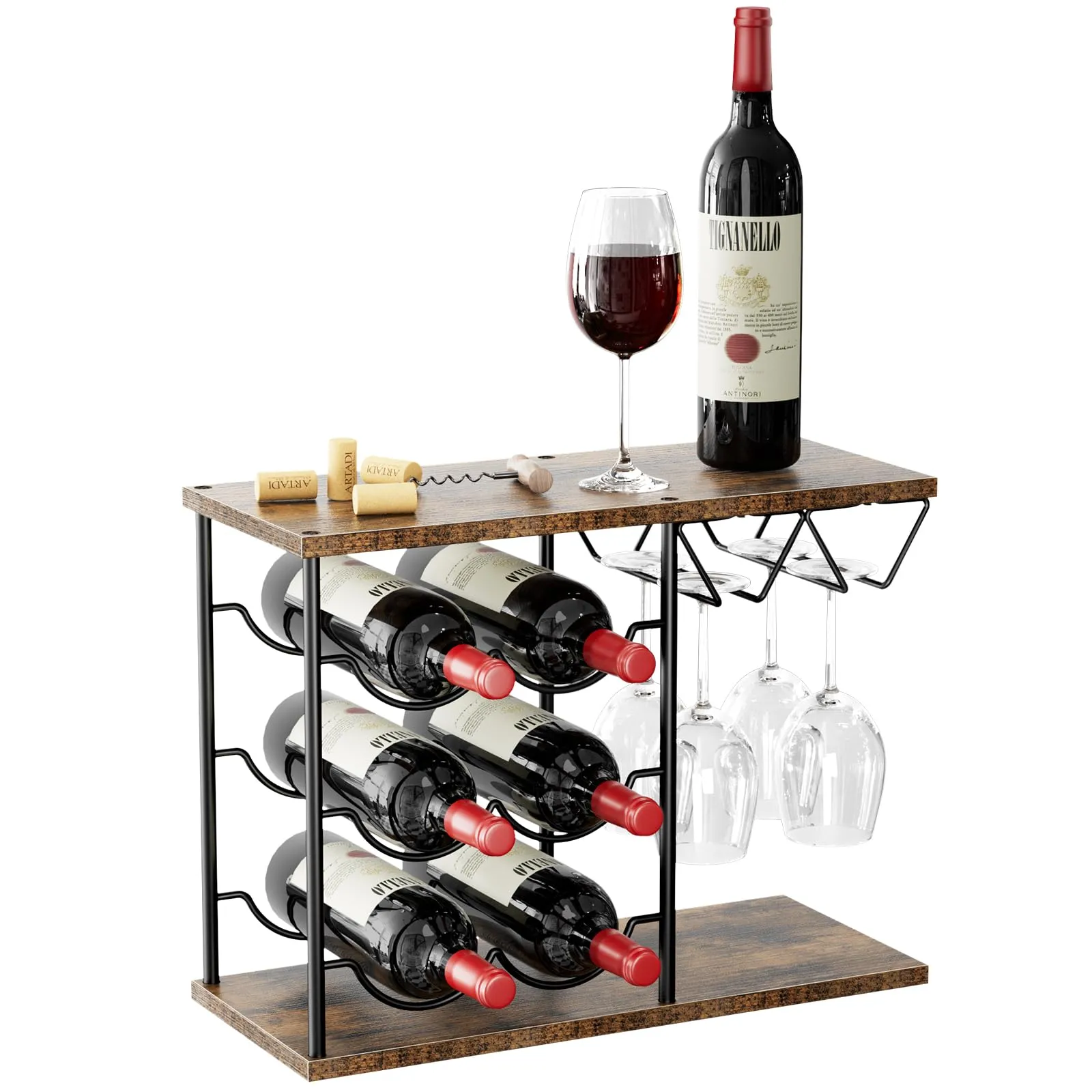 Nuovoware Portabottiglie da Tavolo, Portabottiglie da Vino per 6 Bottiglie 4 Bicchieri, Organizer per Bottiglia di Vino in Metallo, Contenitore Vino per Cucina Bar Tavolo Armadio Cantina, Legno